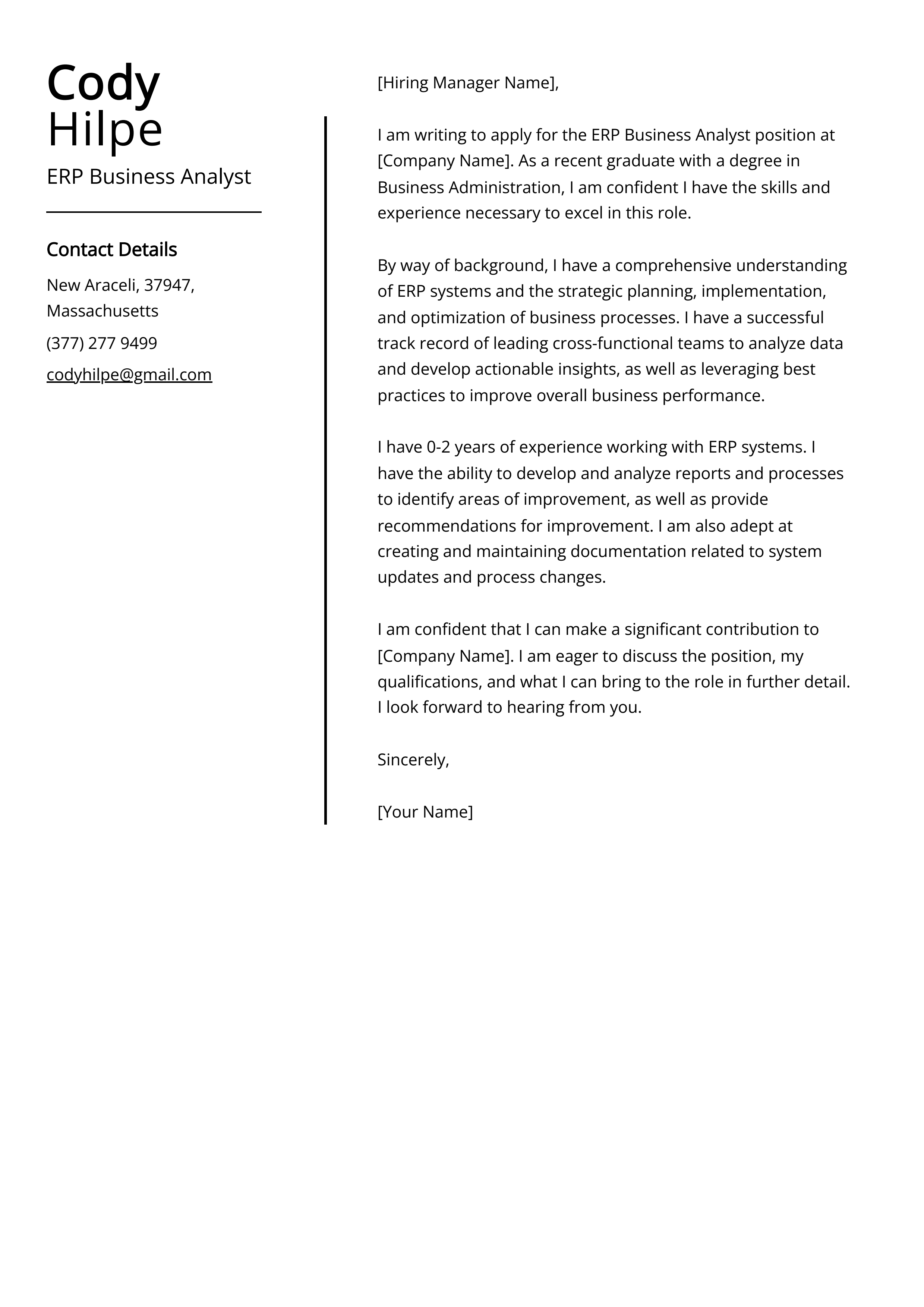 ERP Business Analyst Cover Letter Example
