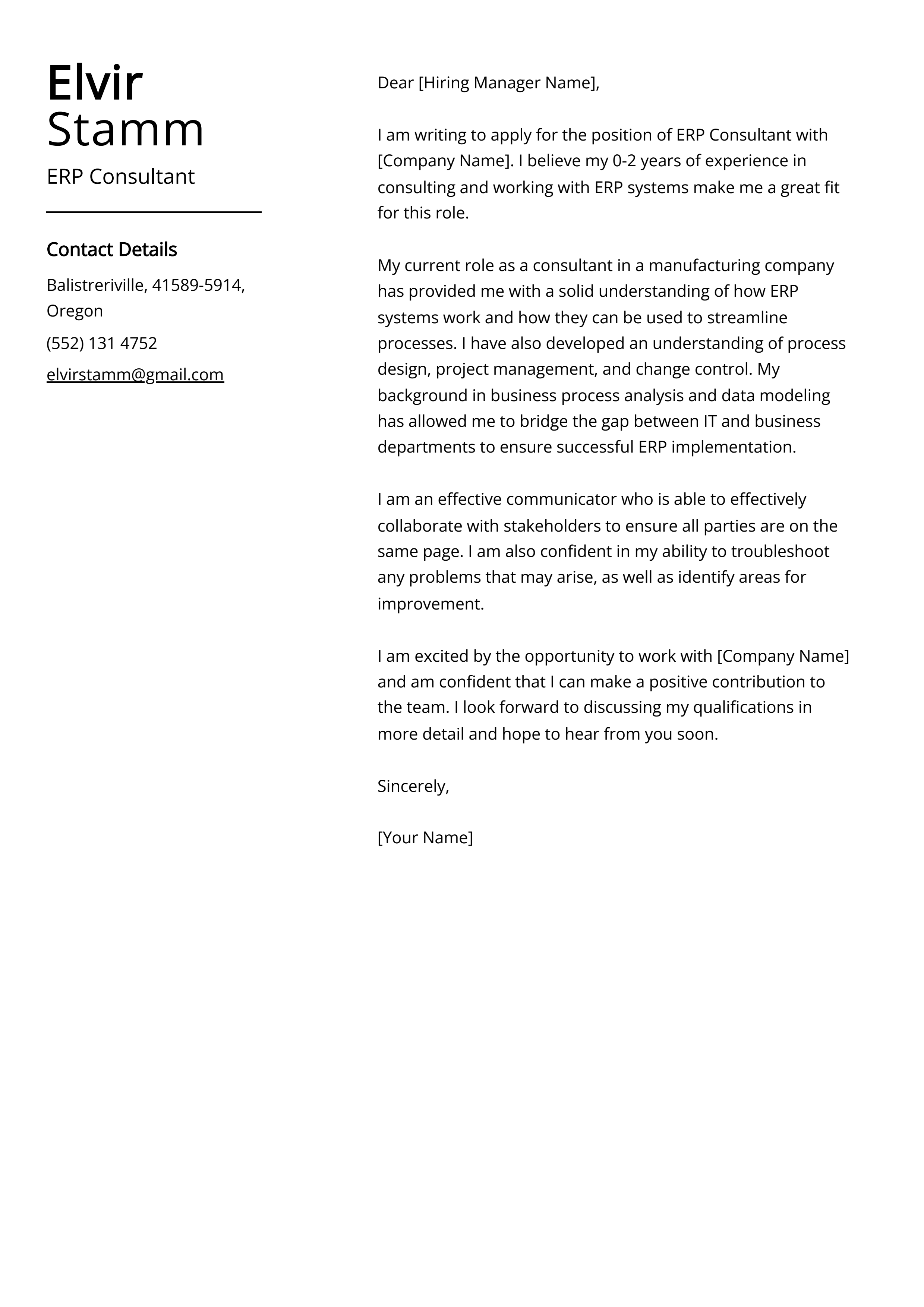 ERP Consultant Cover Letter Example