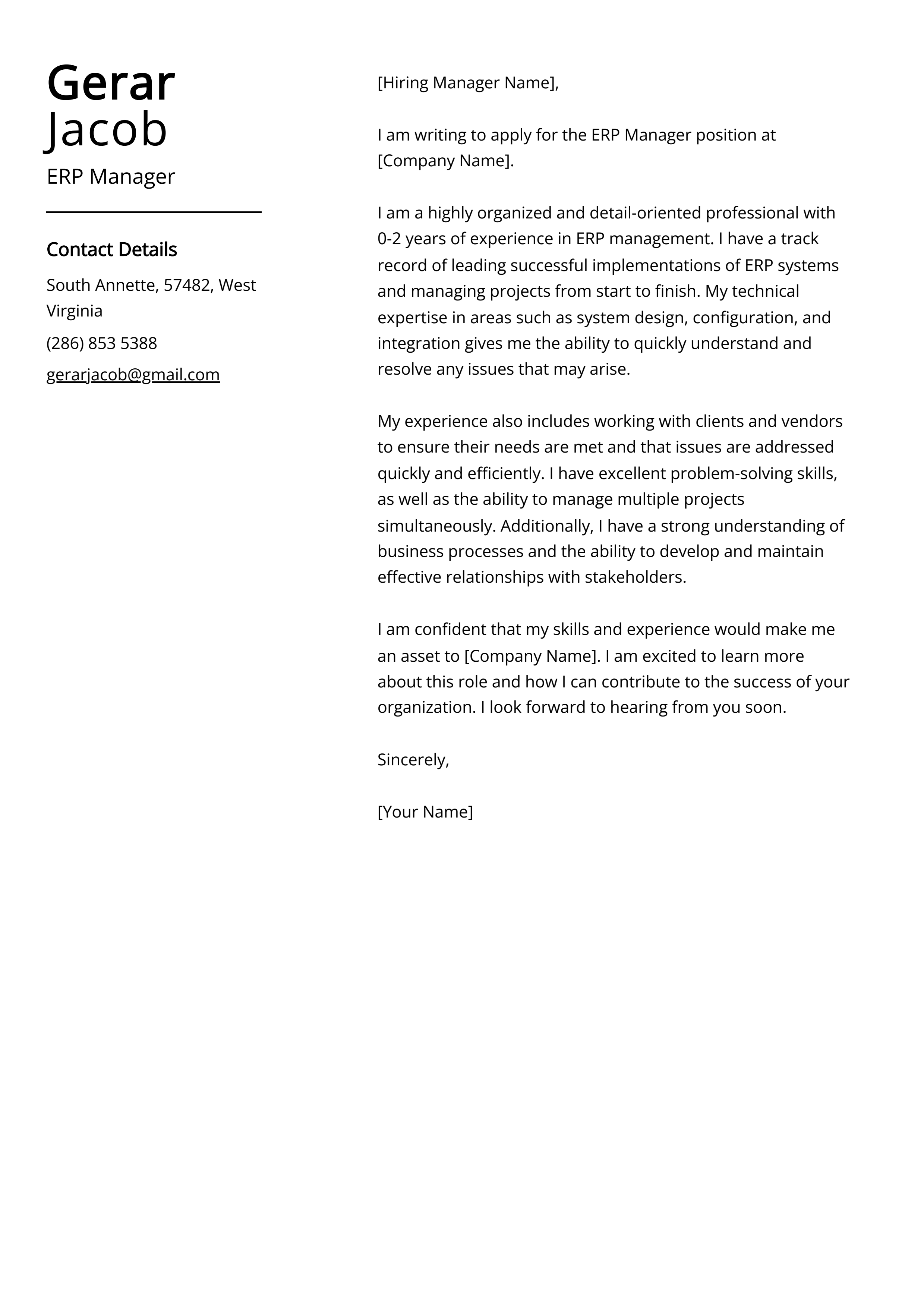 ERP Manager Cover Letter Example