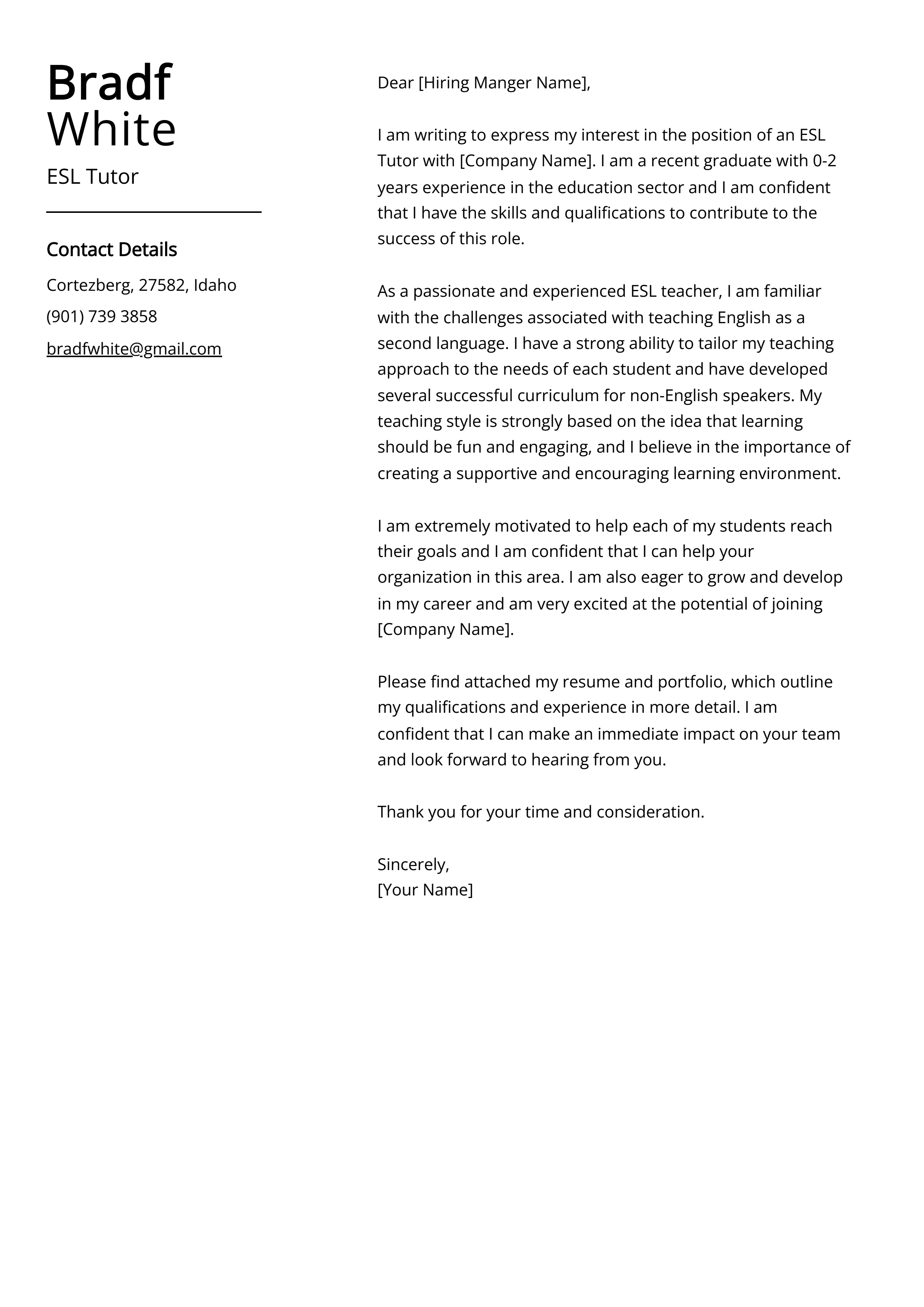 ESL Tutor Cover Letter Example