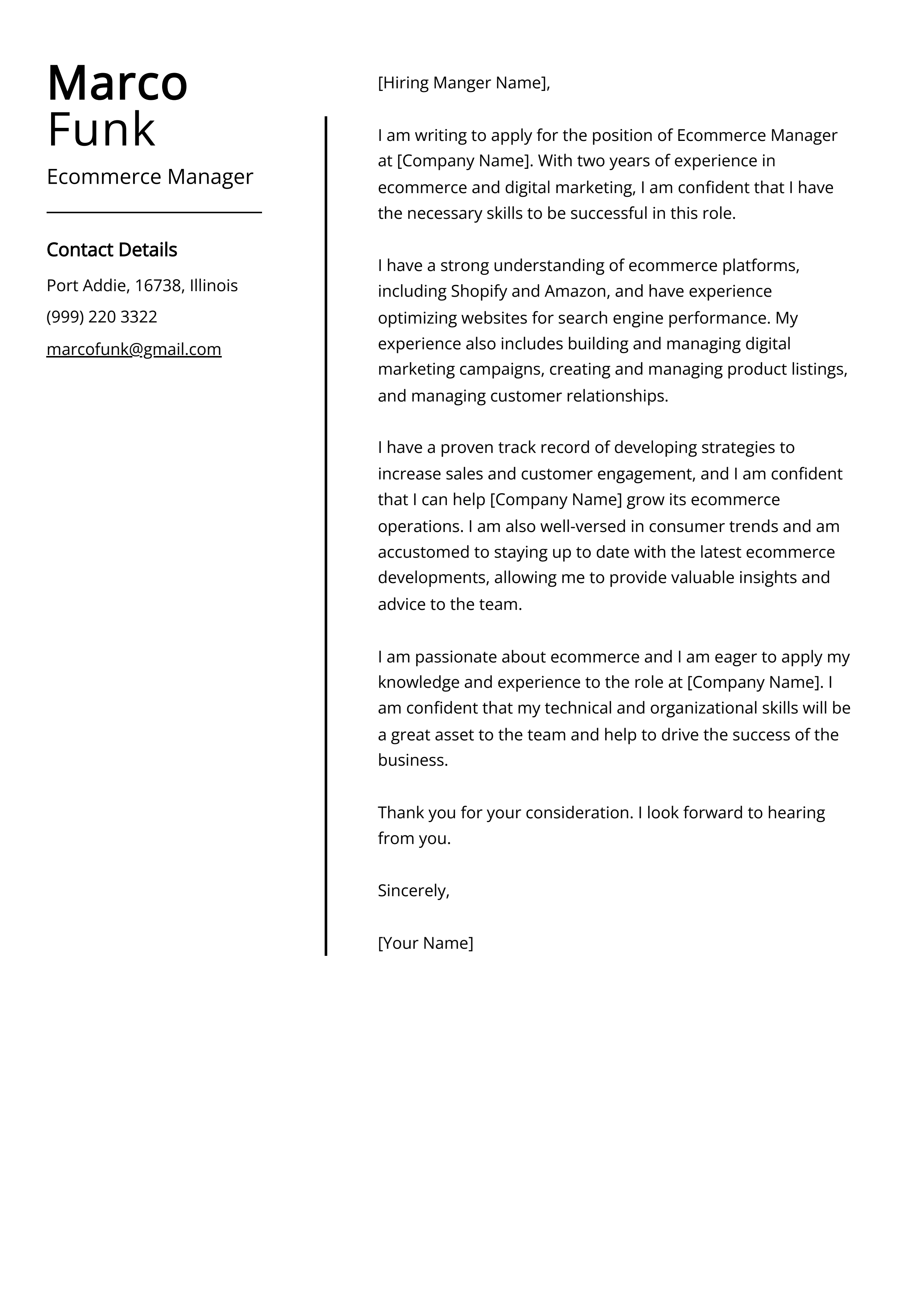 Ecommerce Manager Cover Letter Example