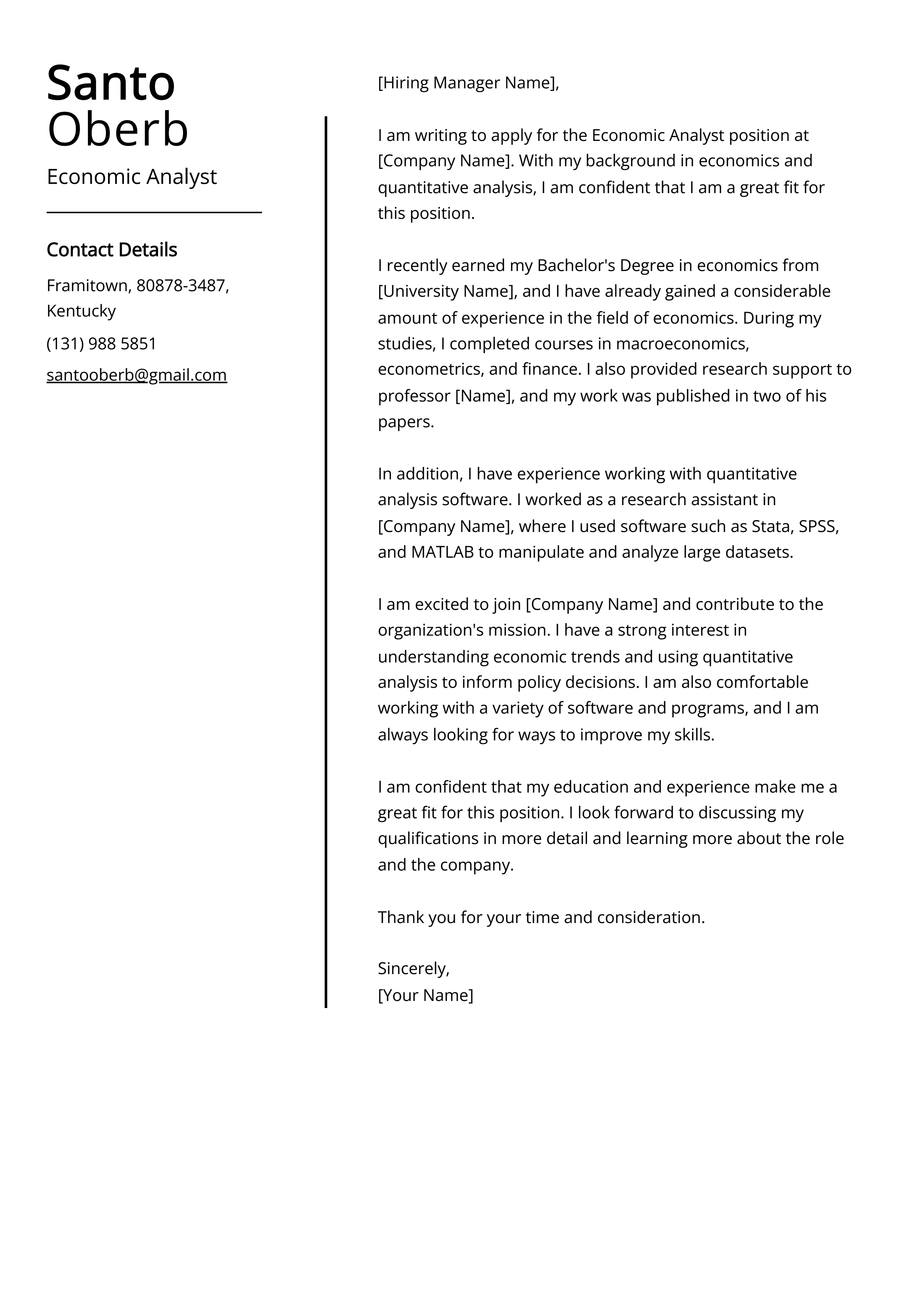 Economic Analyst Cover Letter Example