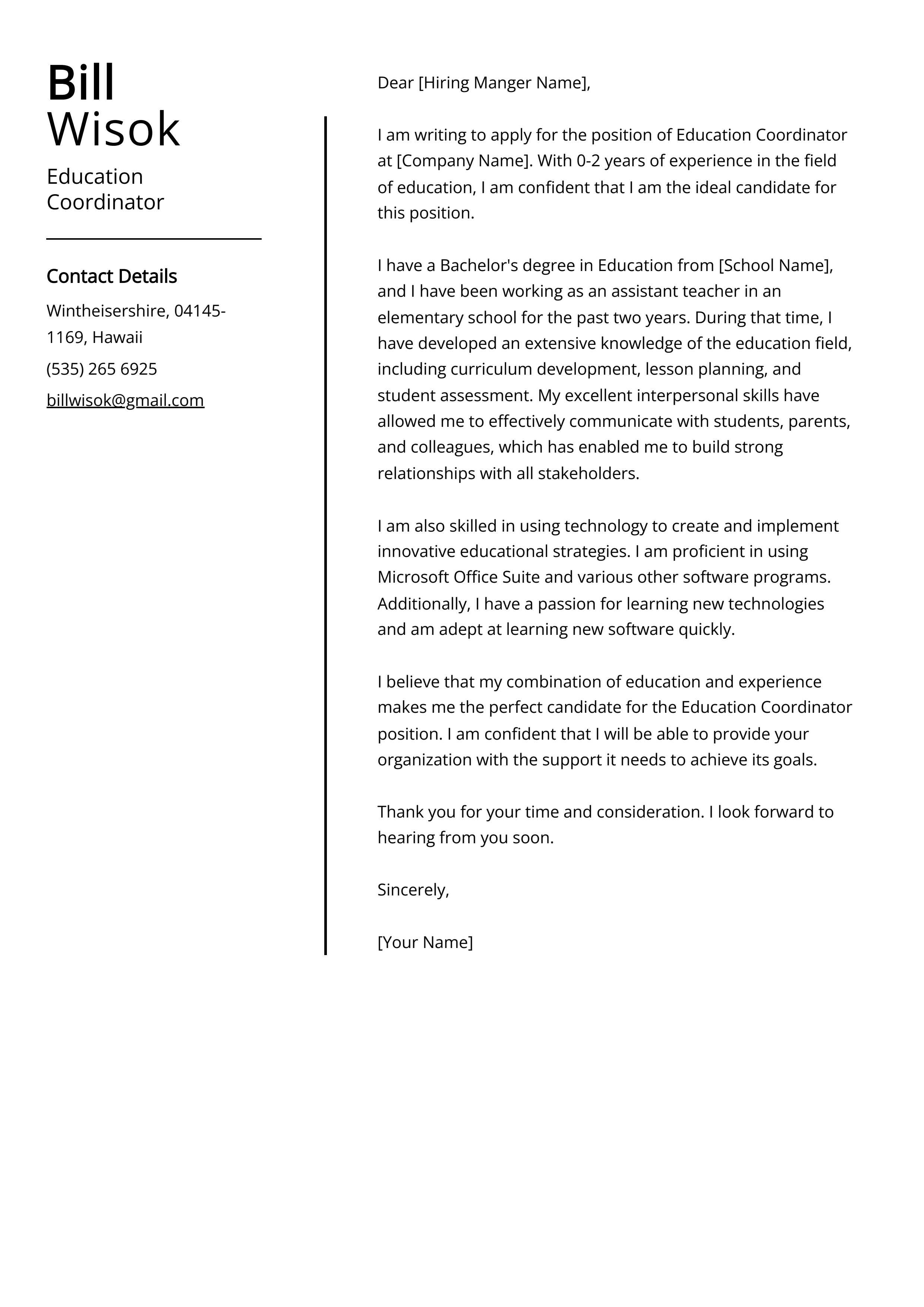 Education Coordinator Cover Letter Example