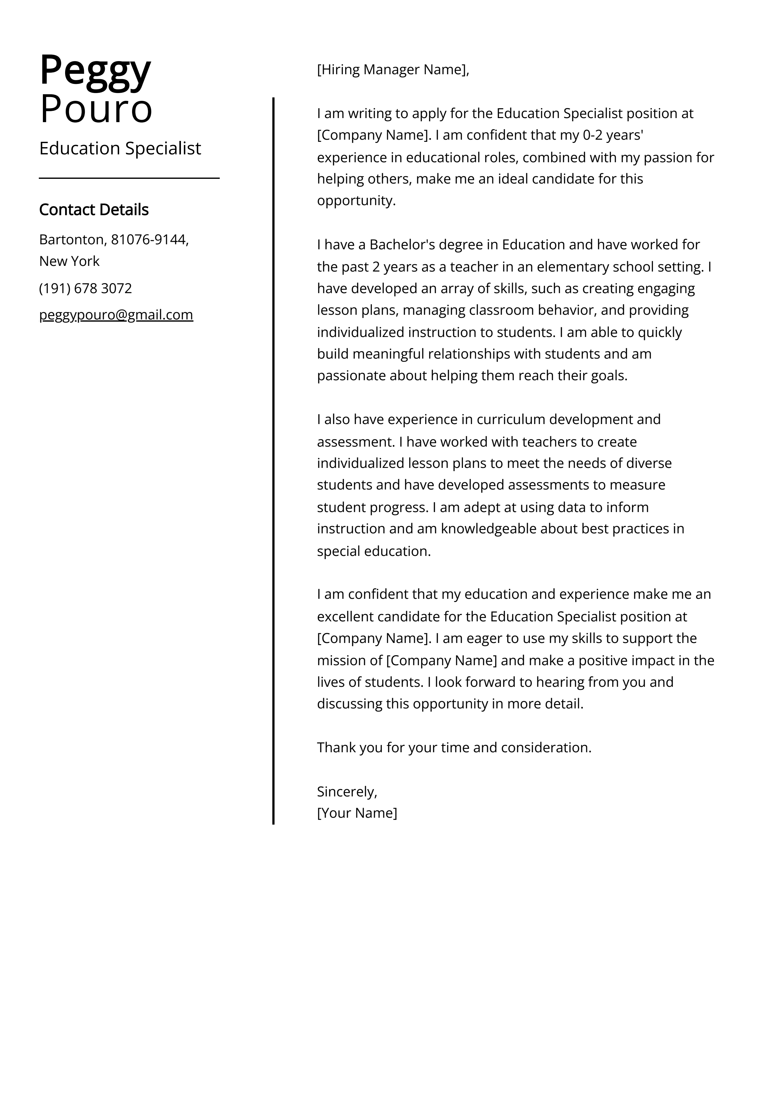 Education Specialist Cover Letter Example
