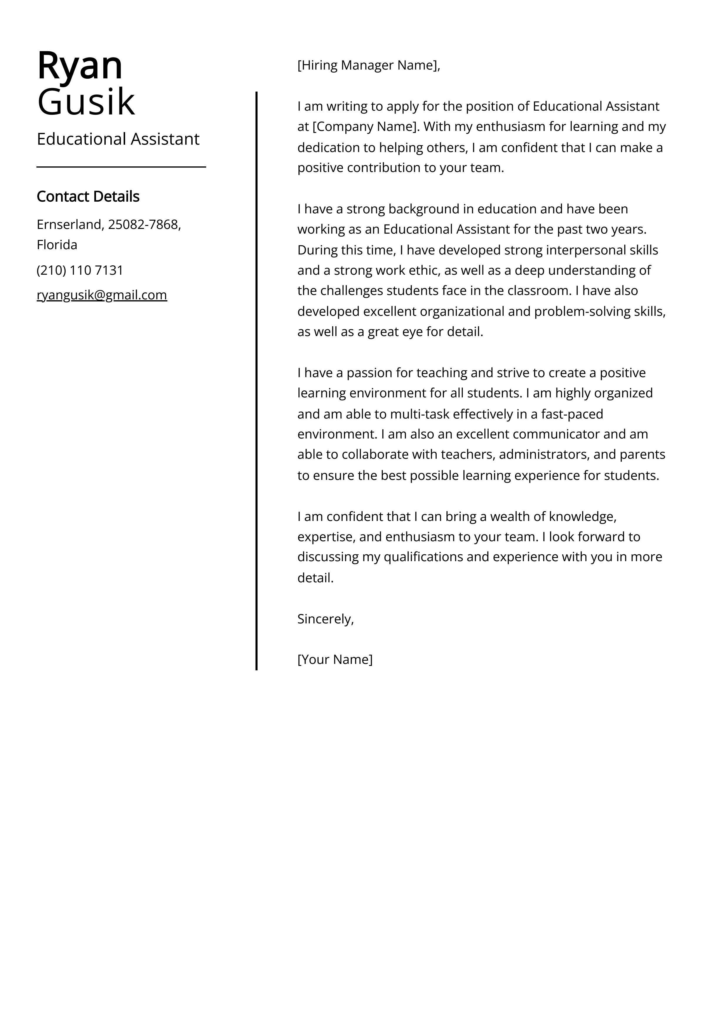 Educational Assistant Cover Letter Example
