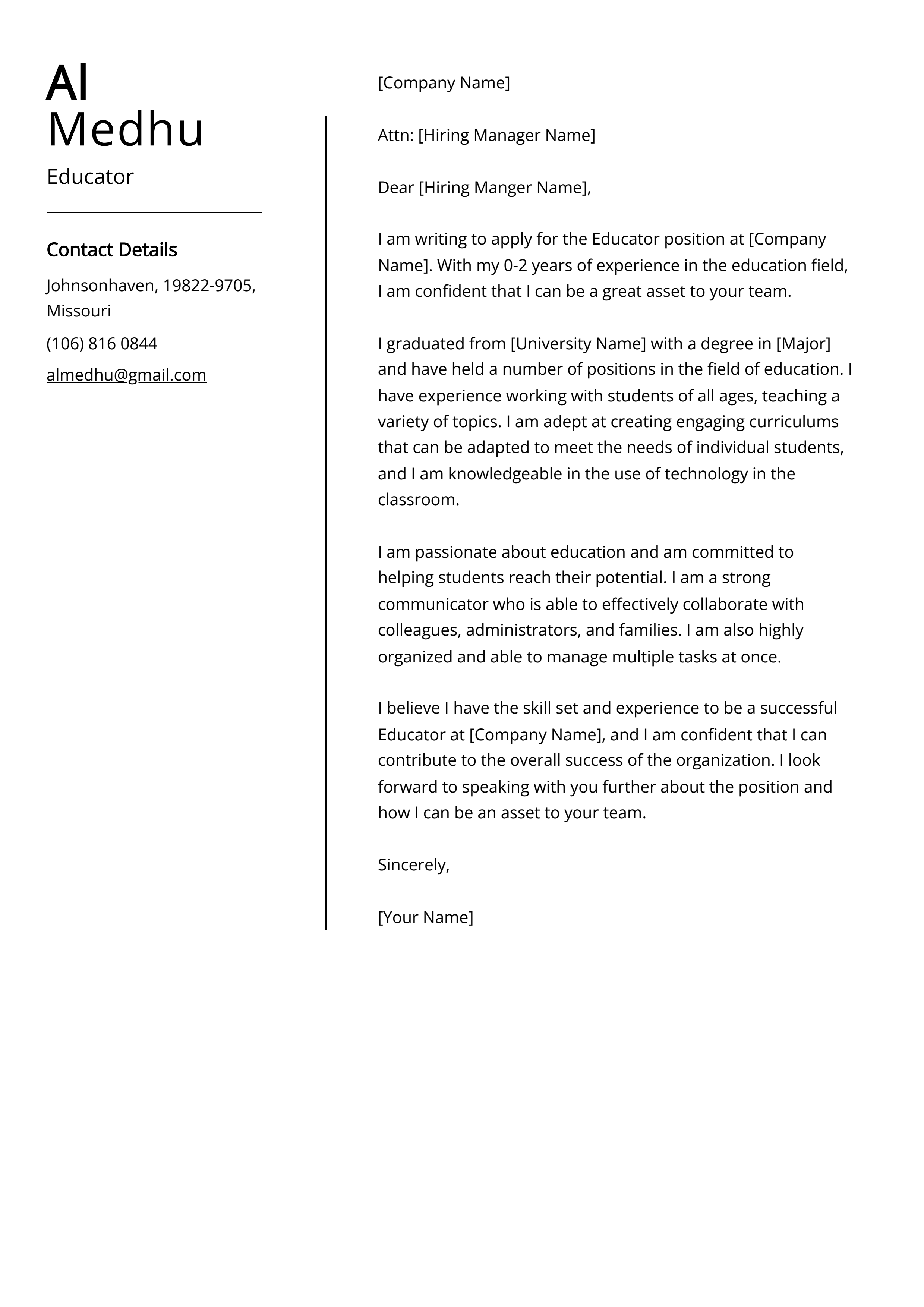 Educator Cover Letter Example