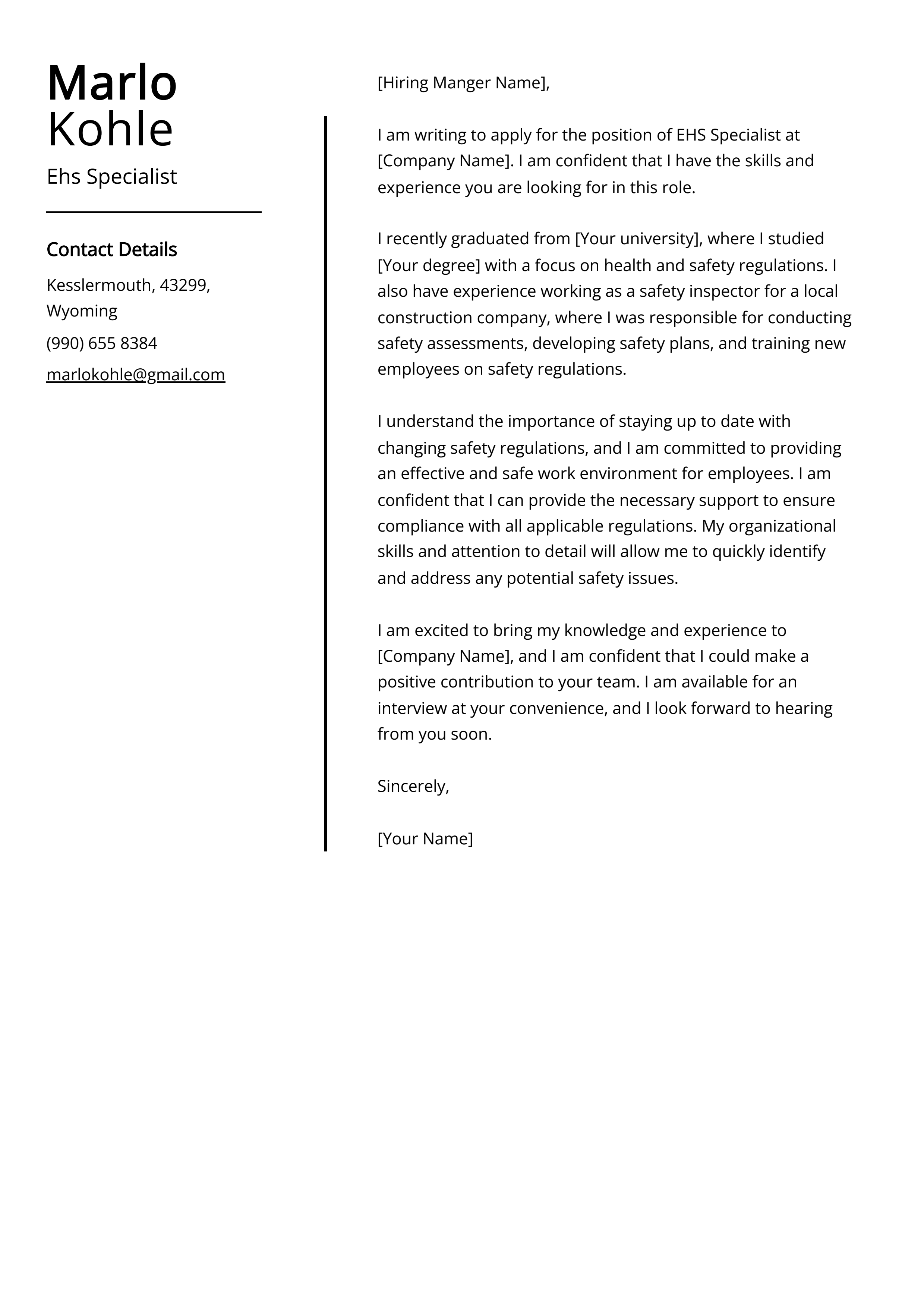 Ehs Specialist Cover Letter Example