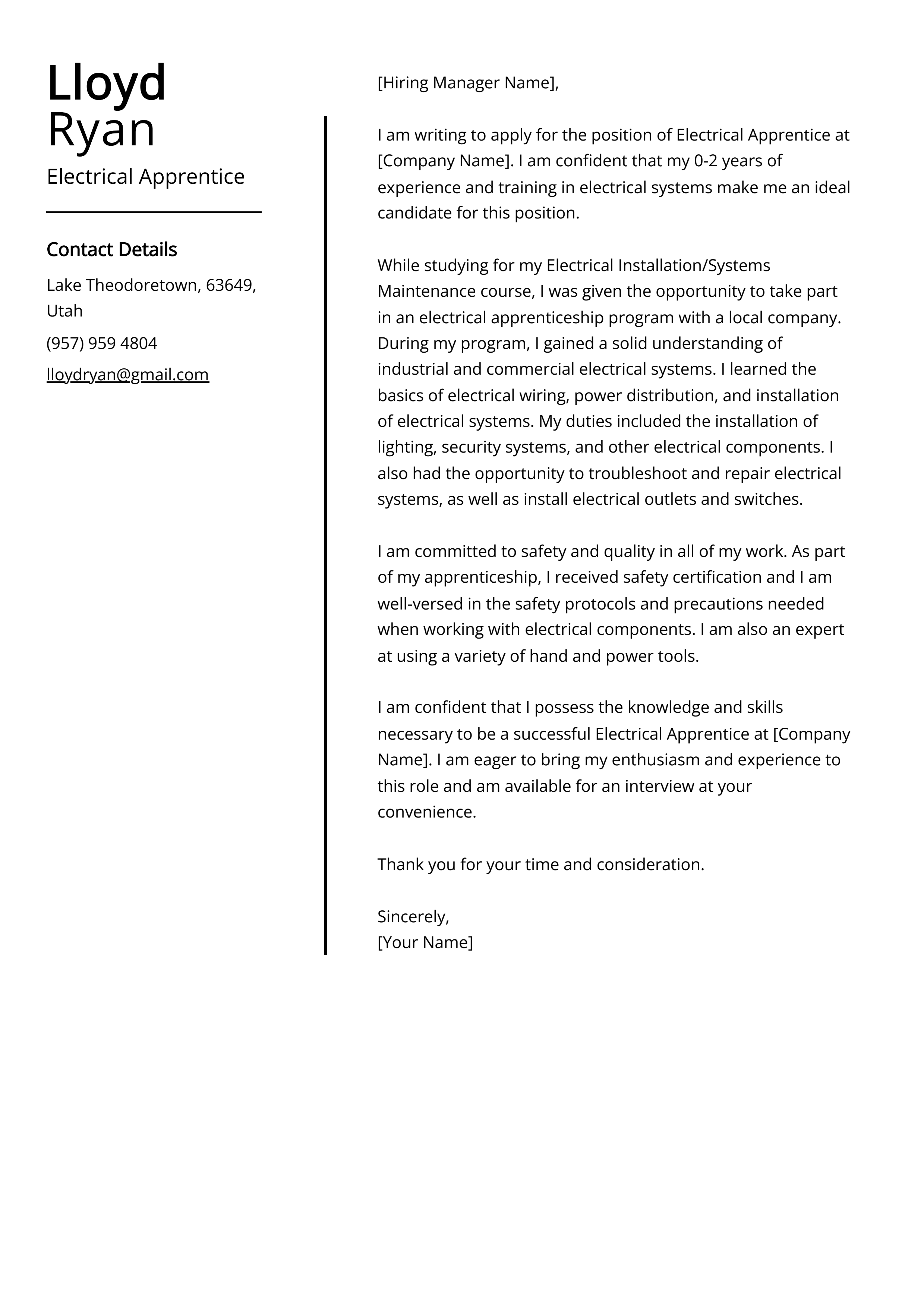 Electrical Apprentice Cover Letter Example