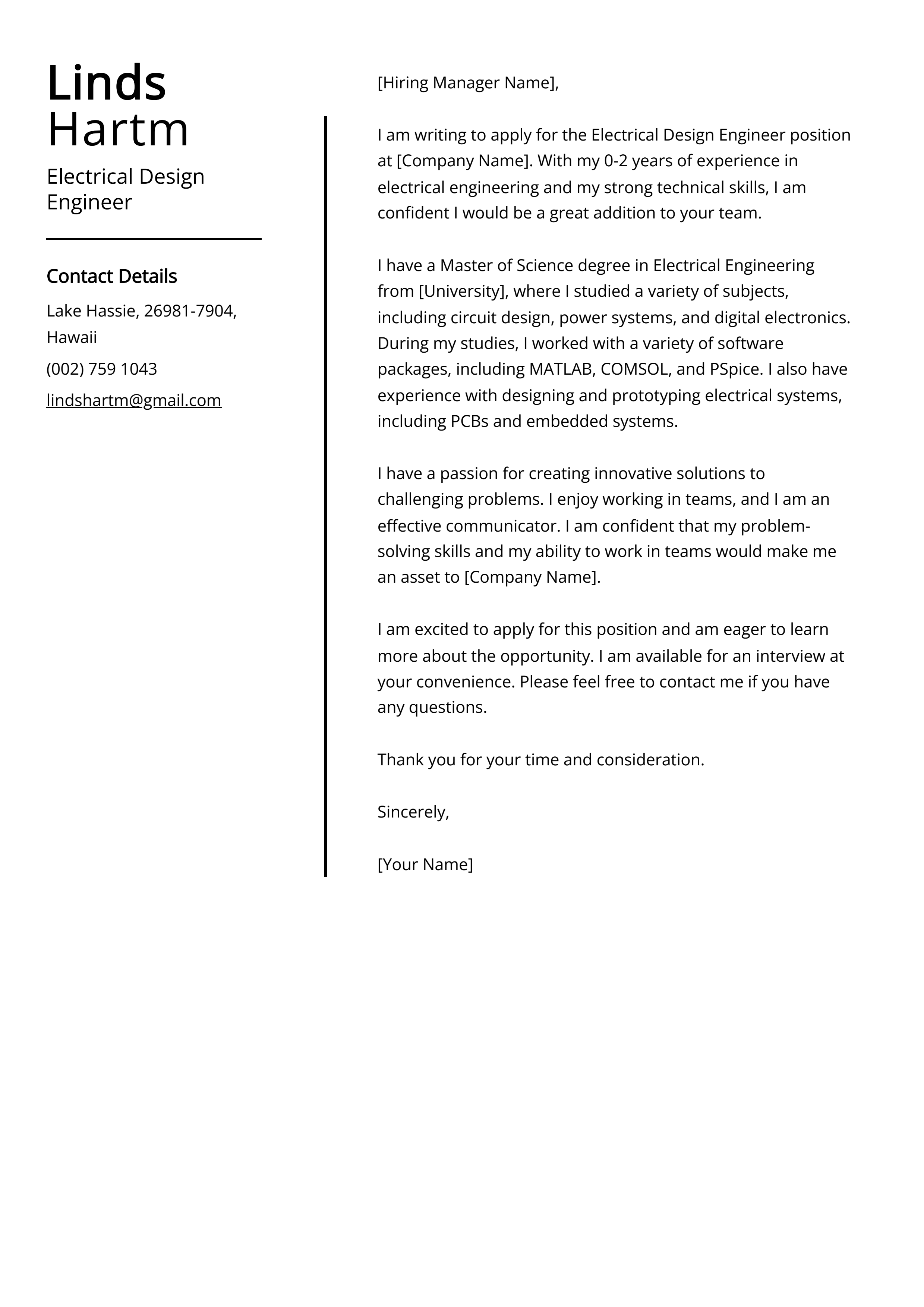 Electrical Design Engineer Cover Letter Example