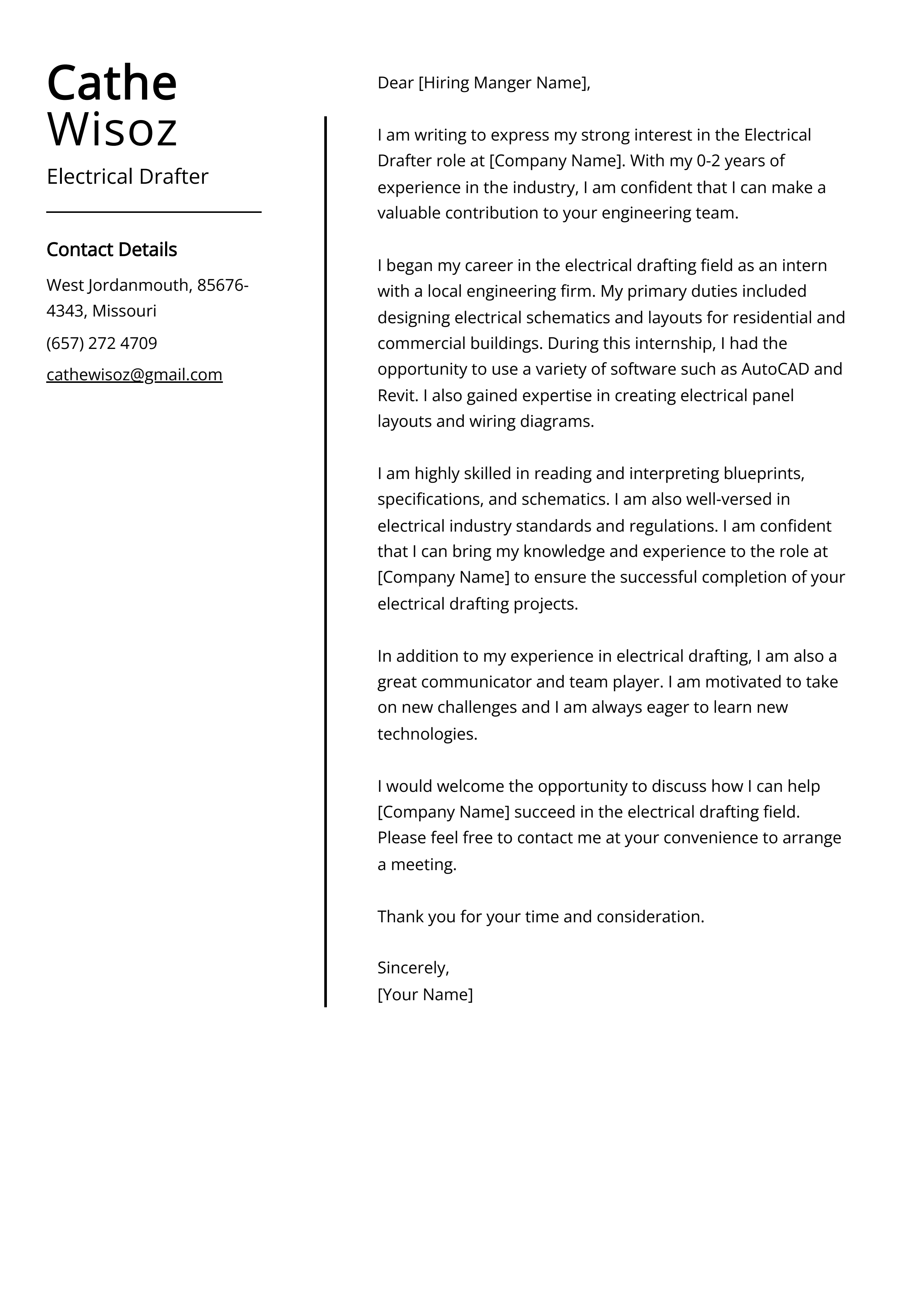 Electrical Drafter Cover Letter Example