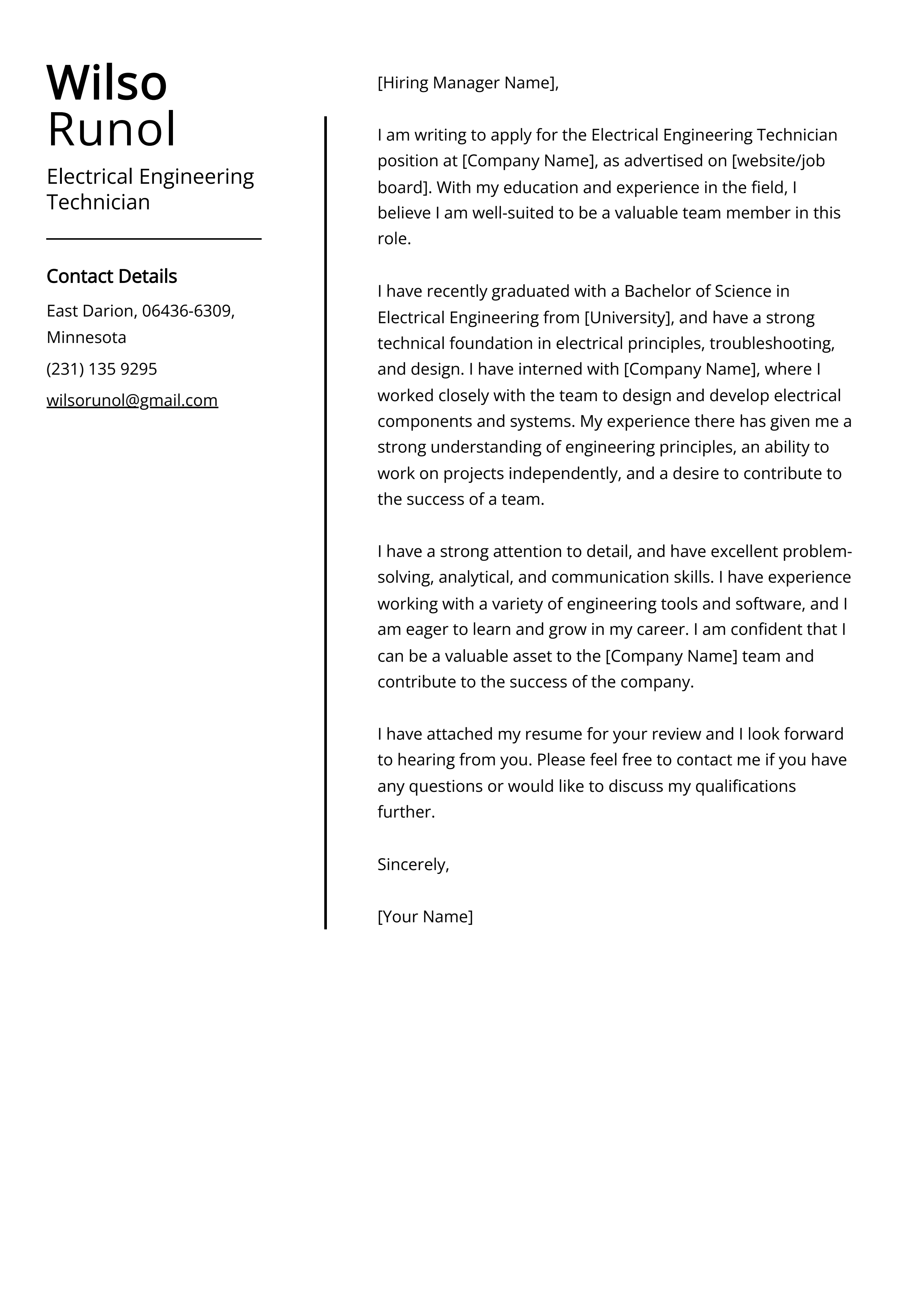 Electrical Engineering Technician Cover Letter Example