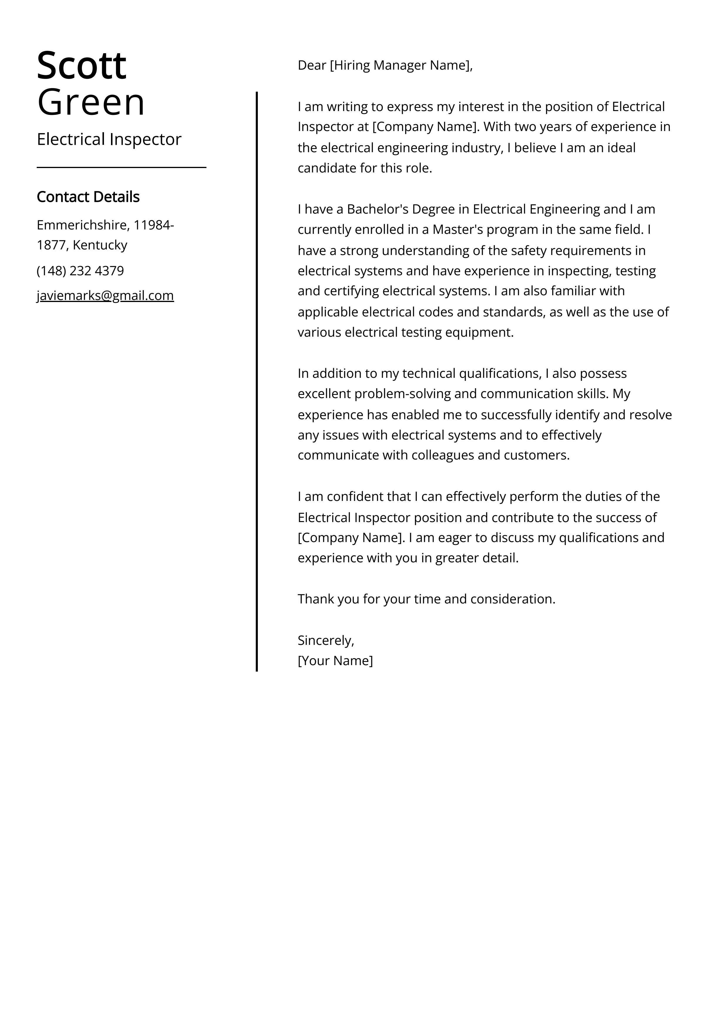 Electrical Inspector Cover Letter Example