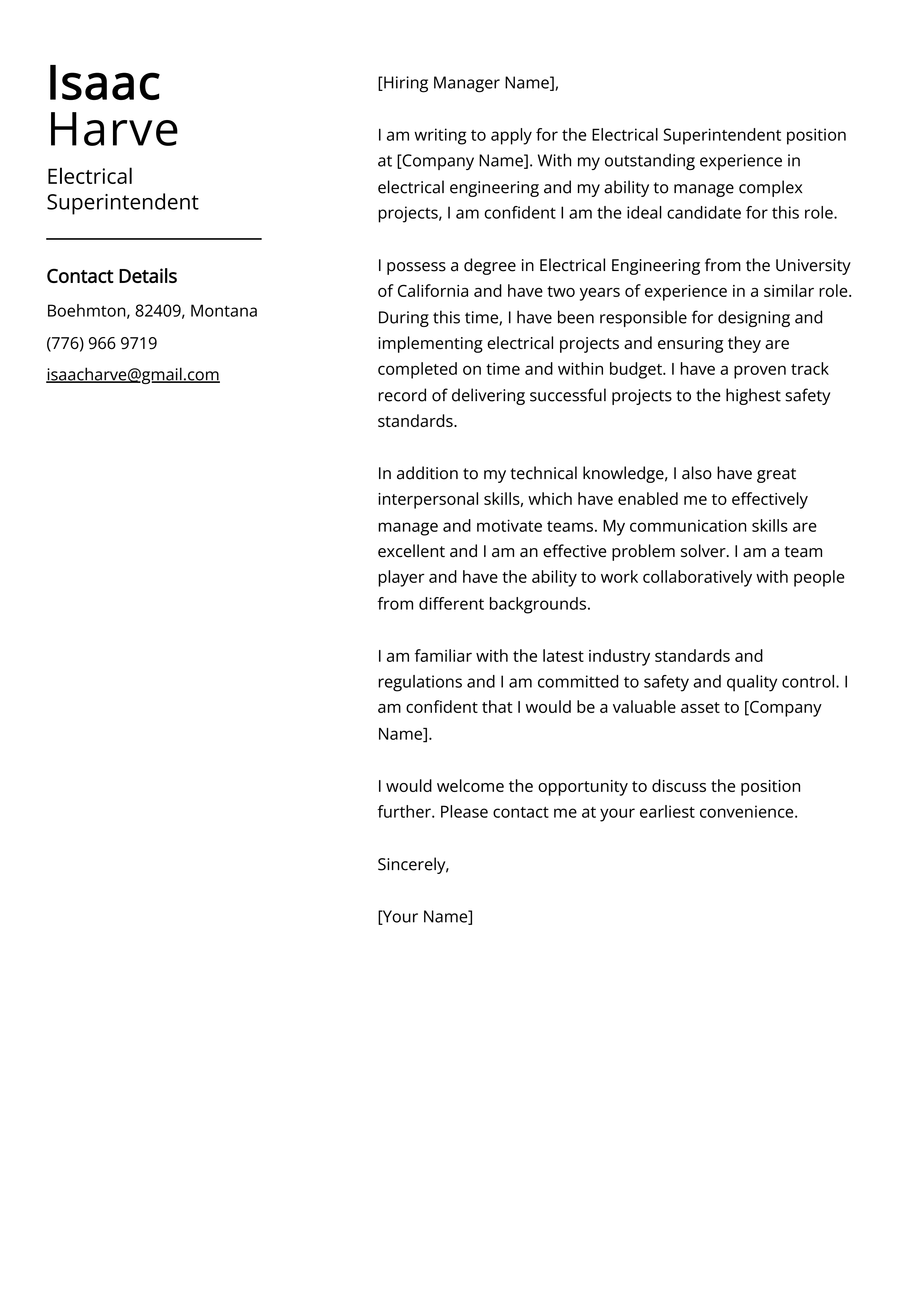 Electrical Superintendent Cover Letter Example