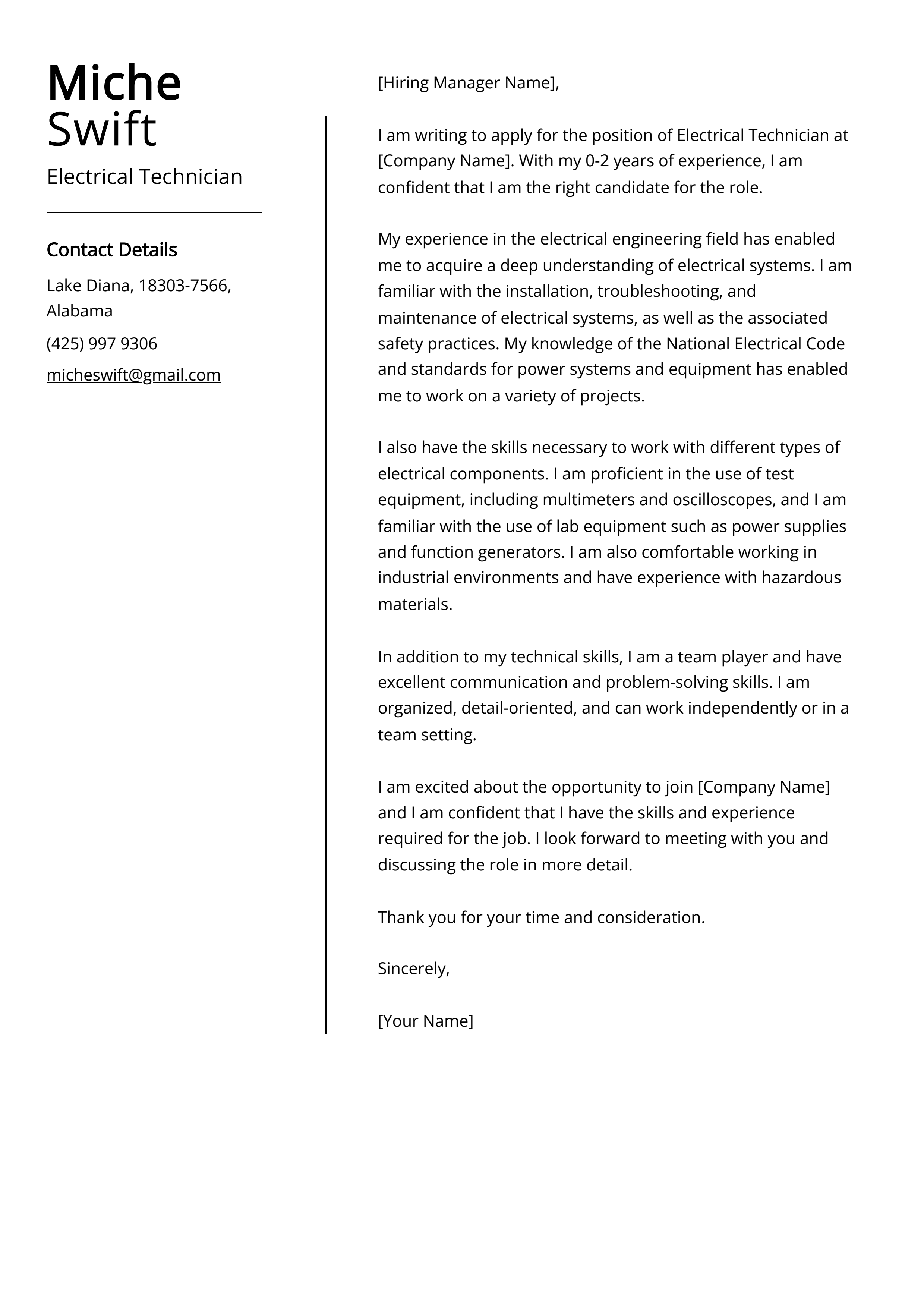 Electrical Technician Cover Letter Example