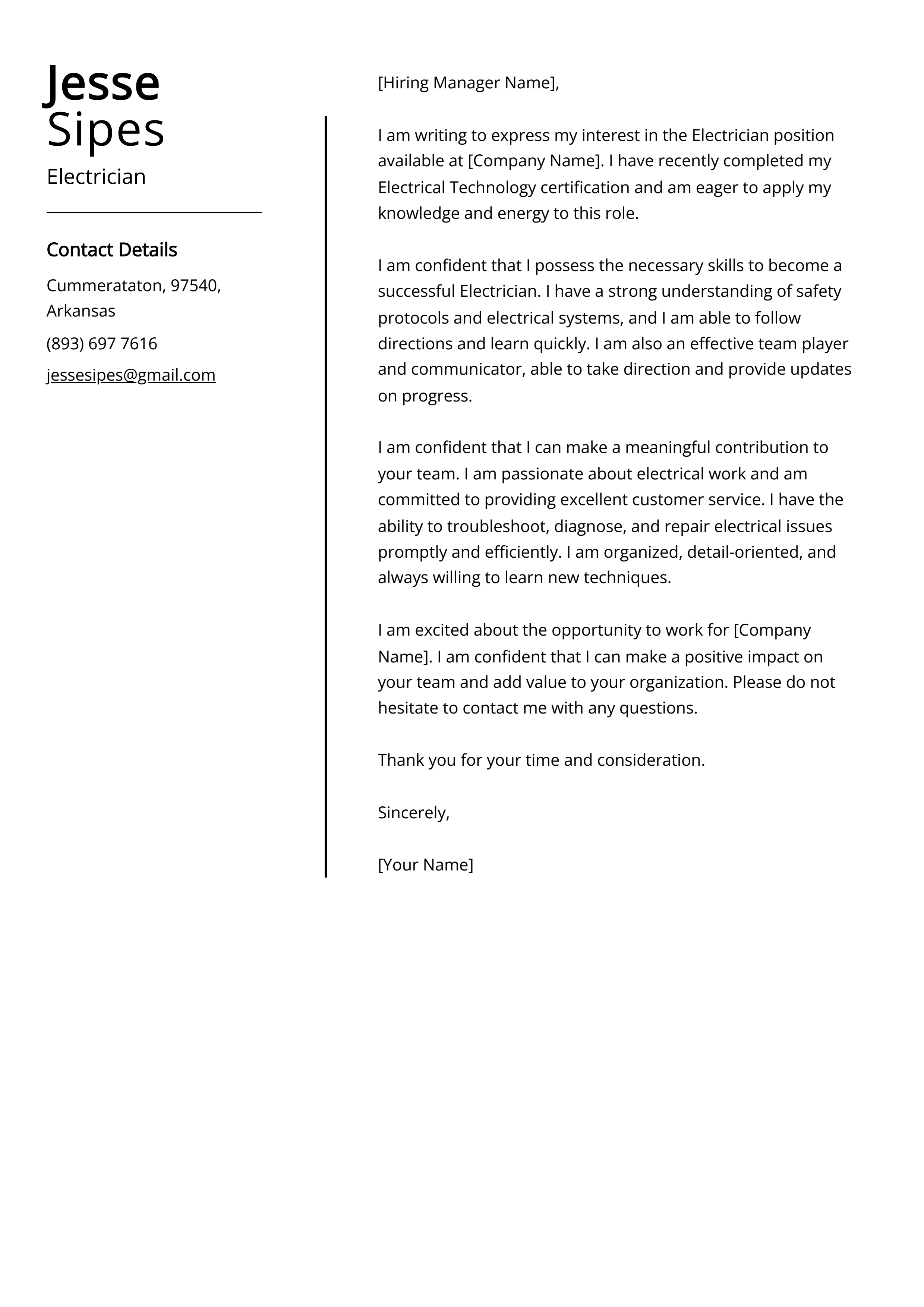 Experienced Electrician Cover Letter Example
