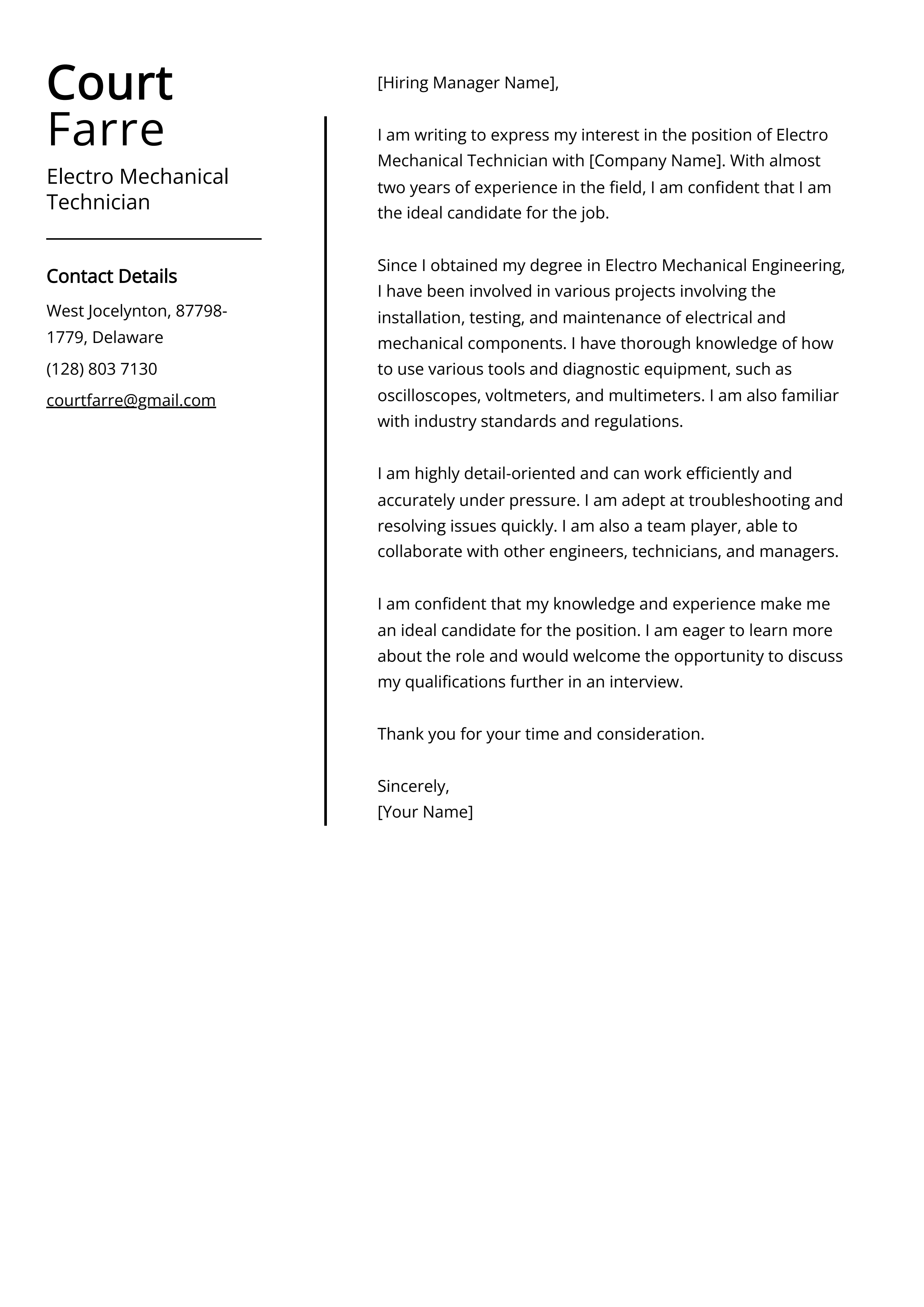 Electro Mechanical Technician Cover Letter Example