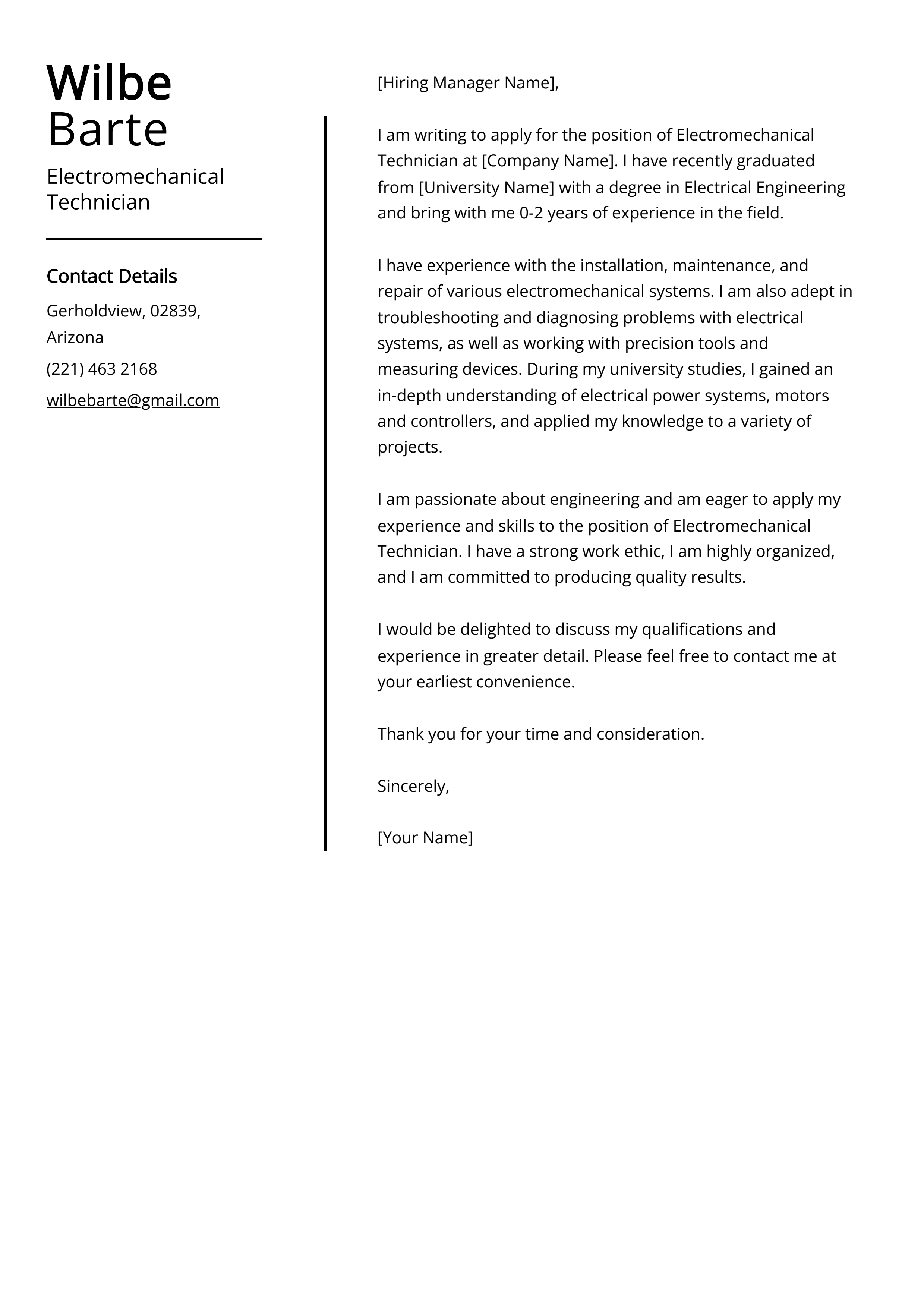 Electromechanical Technician Cover Letter Example