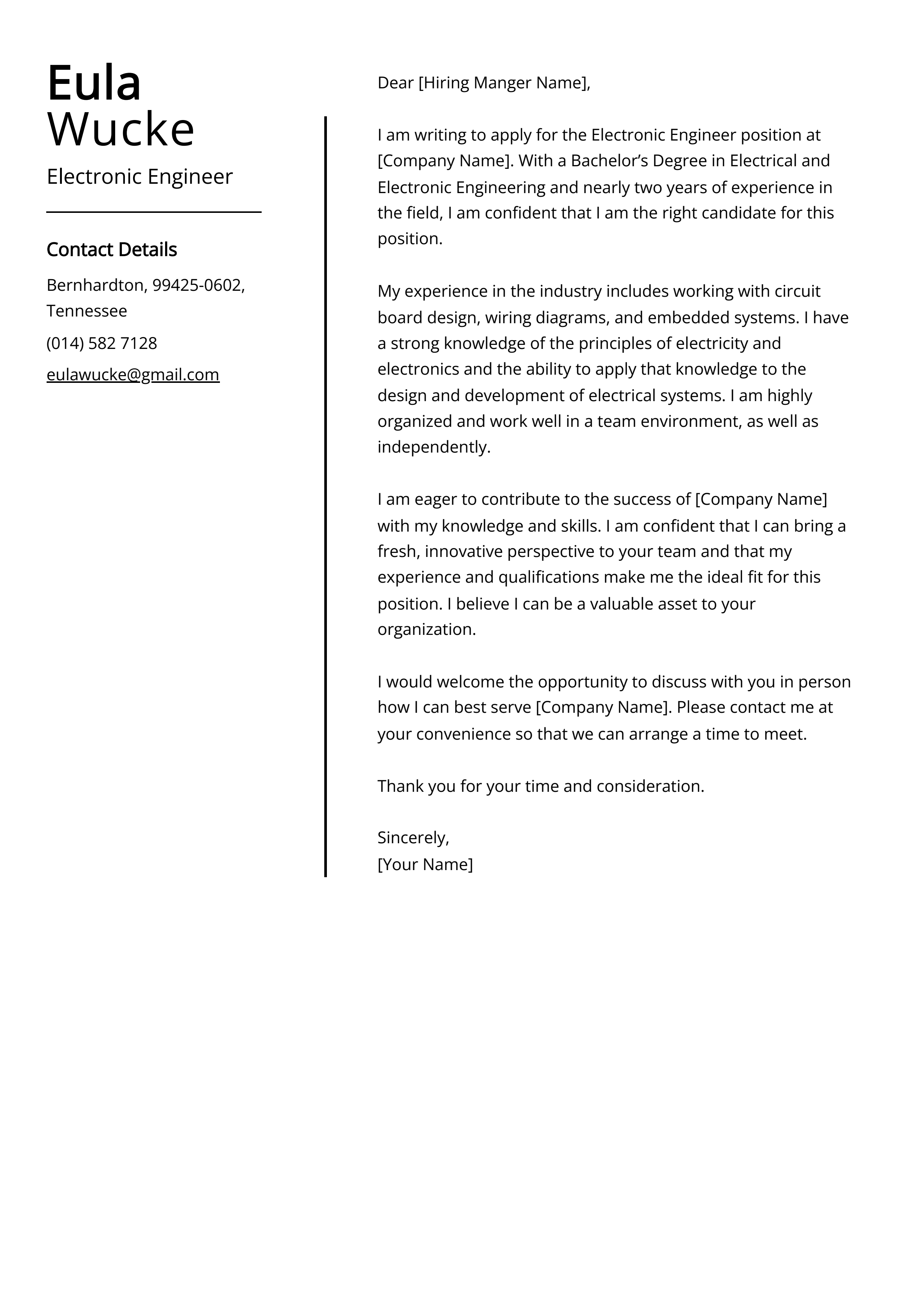 Electronic Engineer Cover Letter Example