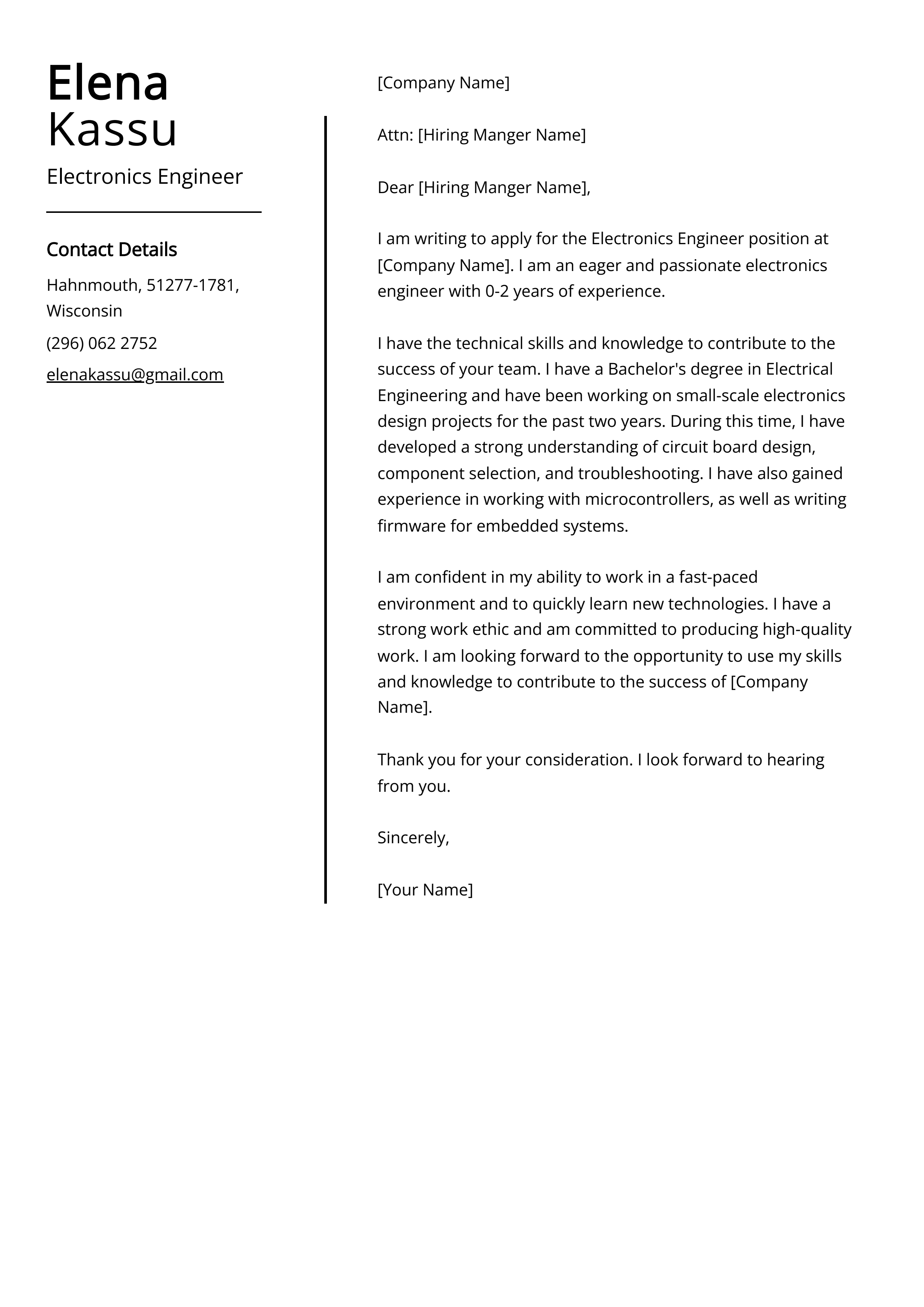 Electronics Engineer Cover Letter Example