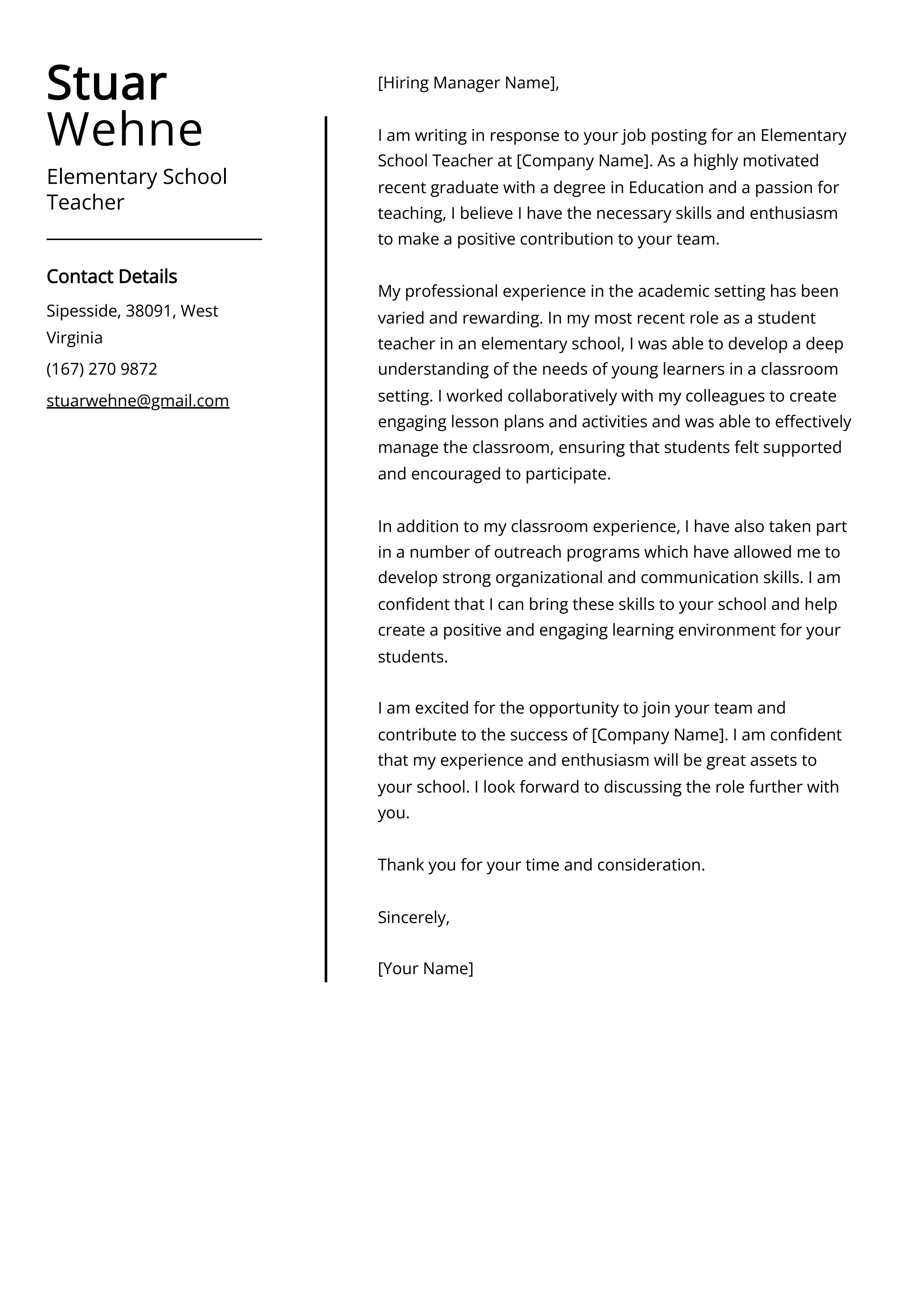 Elementary School Teacher Cover Letter Example