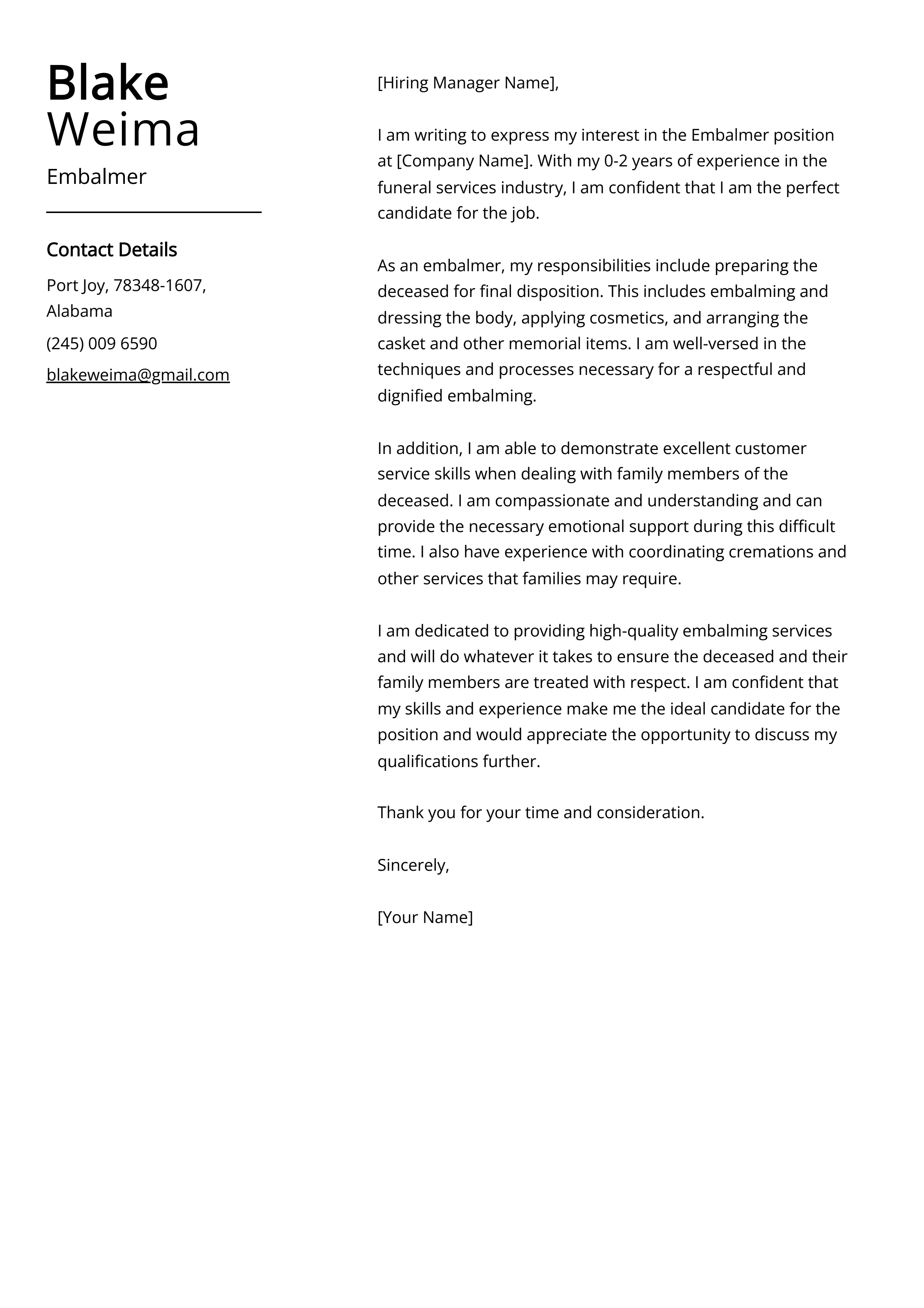 Embalmer Cover Letter Example