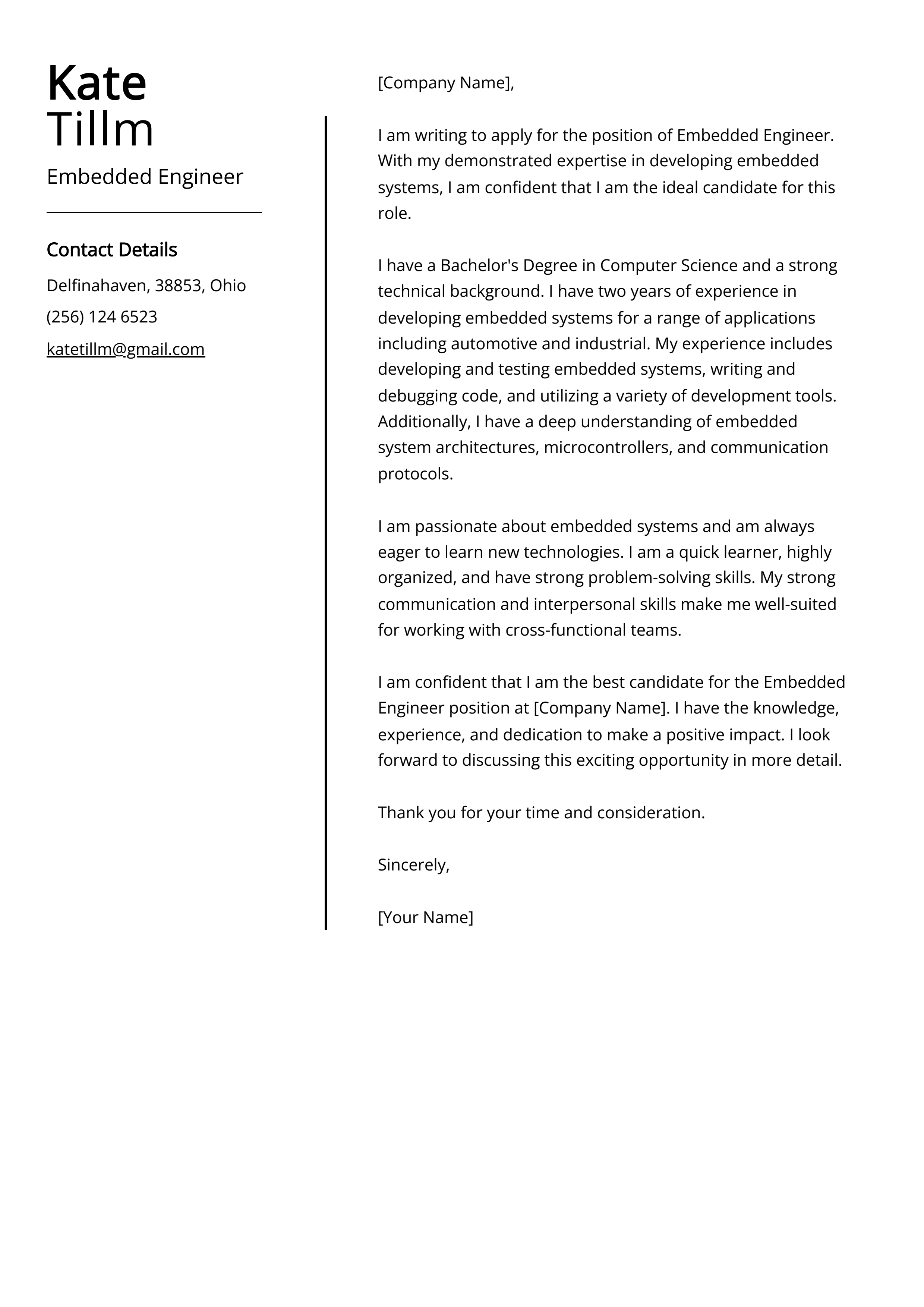 Embedded Engineer Cover Letter Example