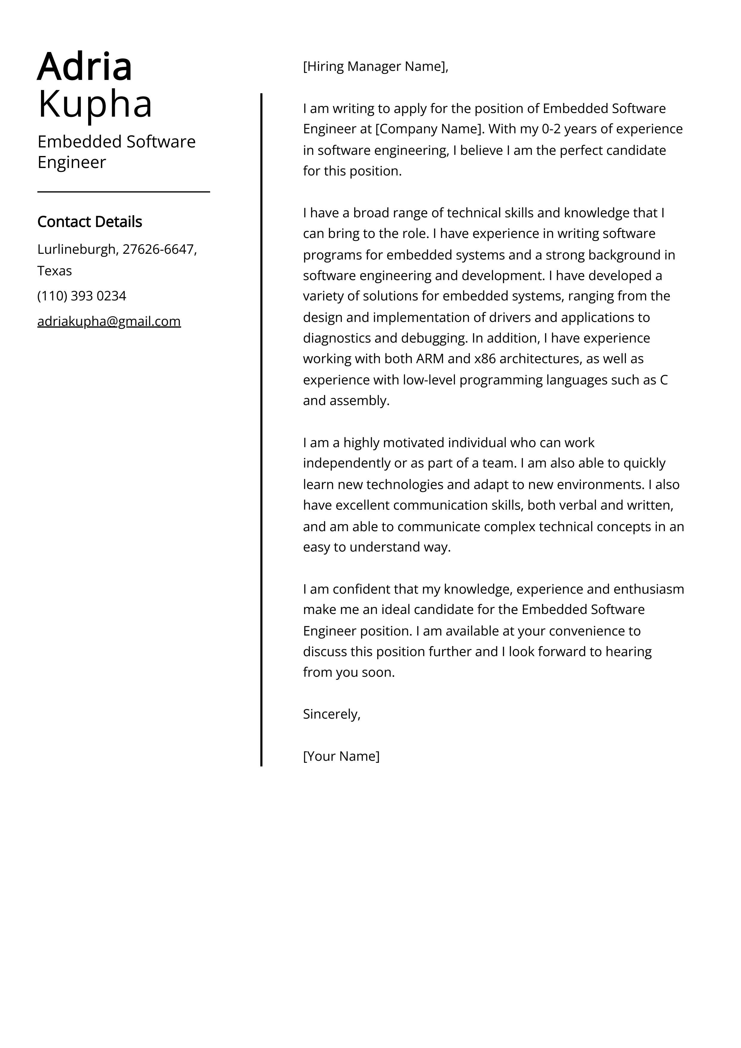 Embedded Software Engineer Cover Letter Example