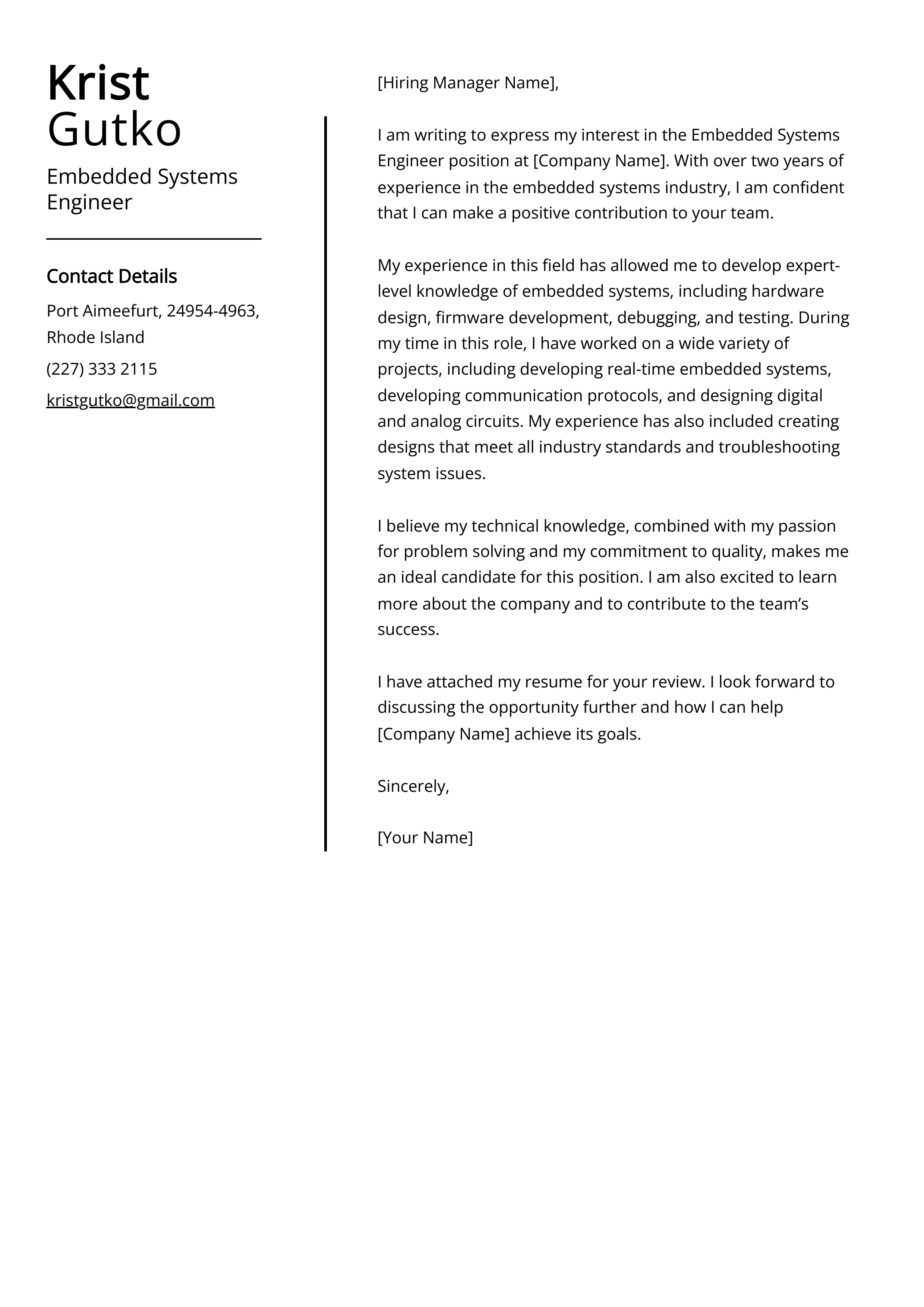Embedded Systems Engineer Cover Letter Example