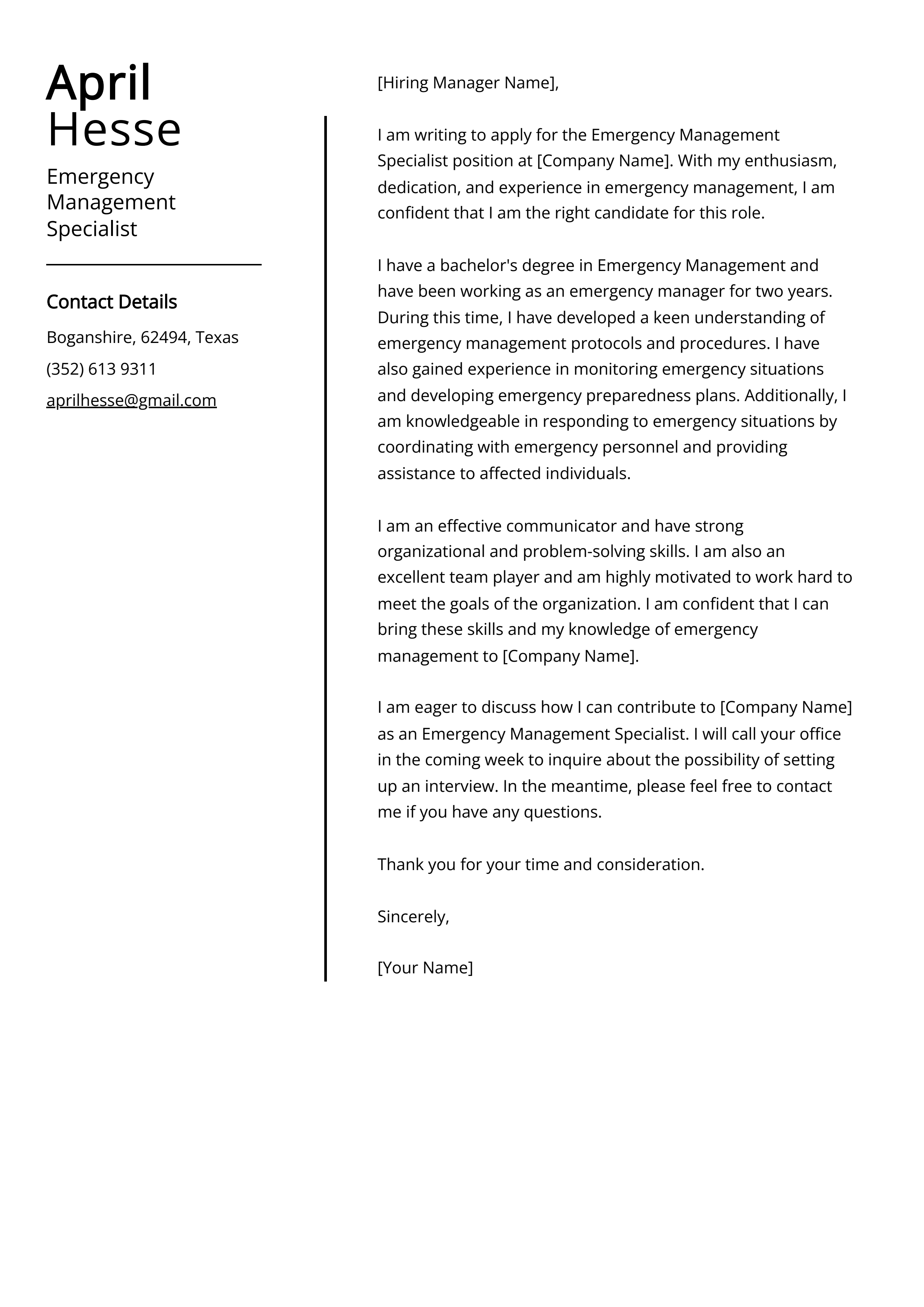 Emergency Management Specialist Cover Letter Example