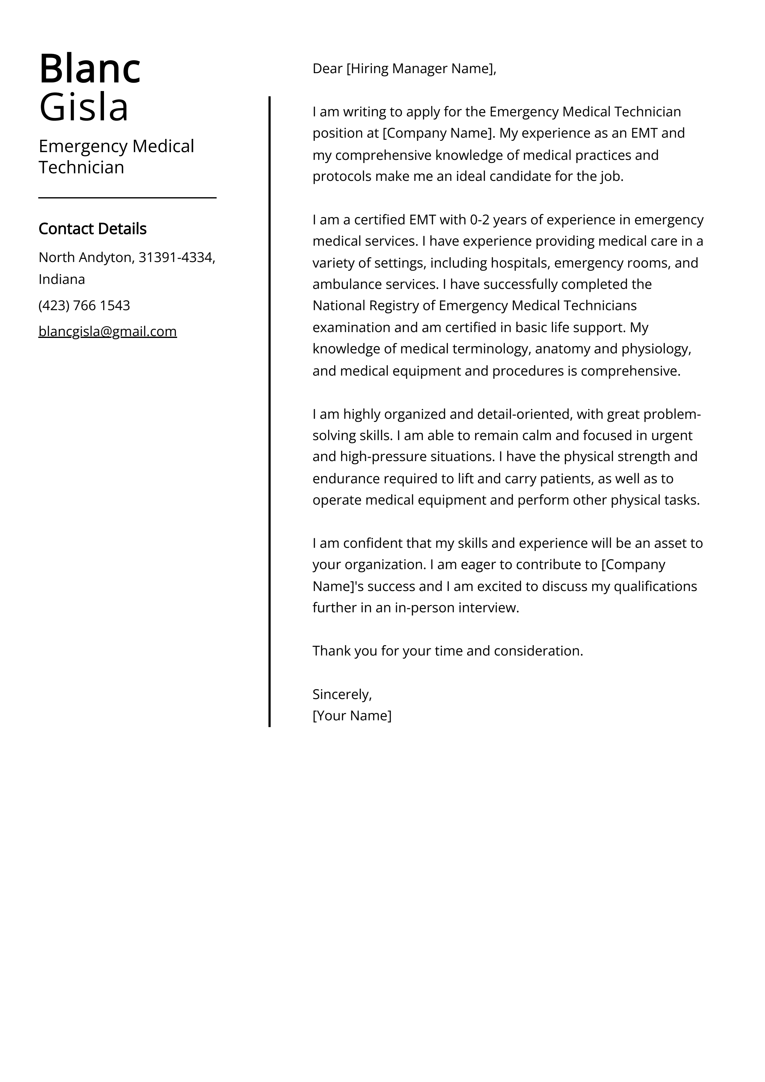 Emergency Medical Technician Cover Letter Example