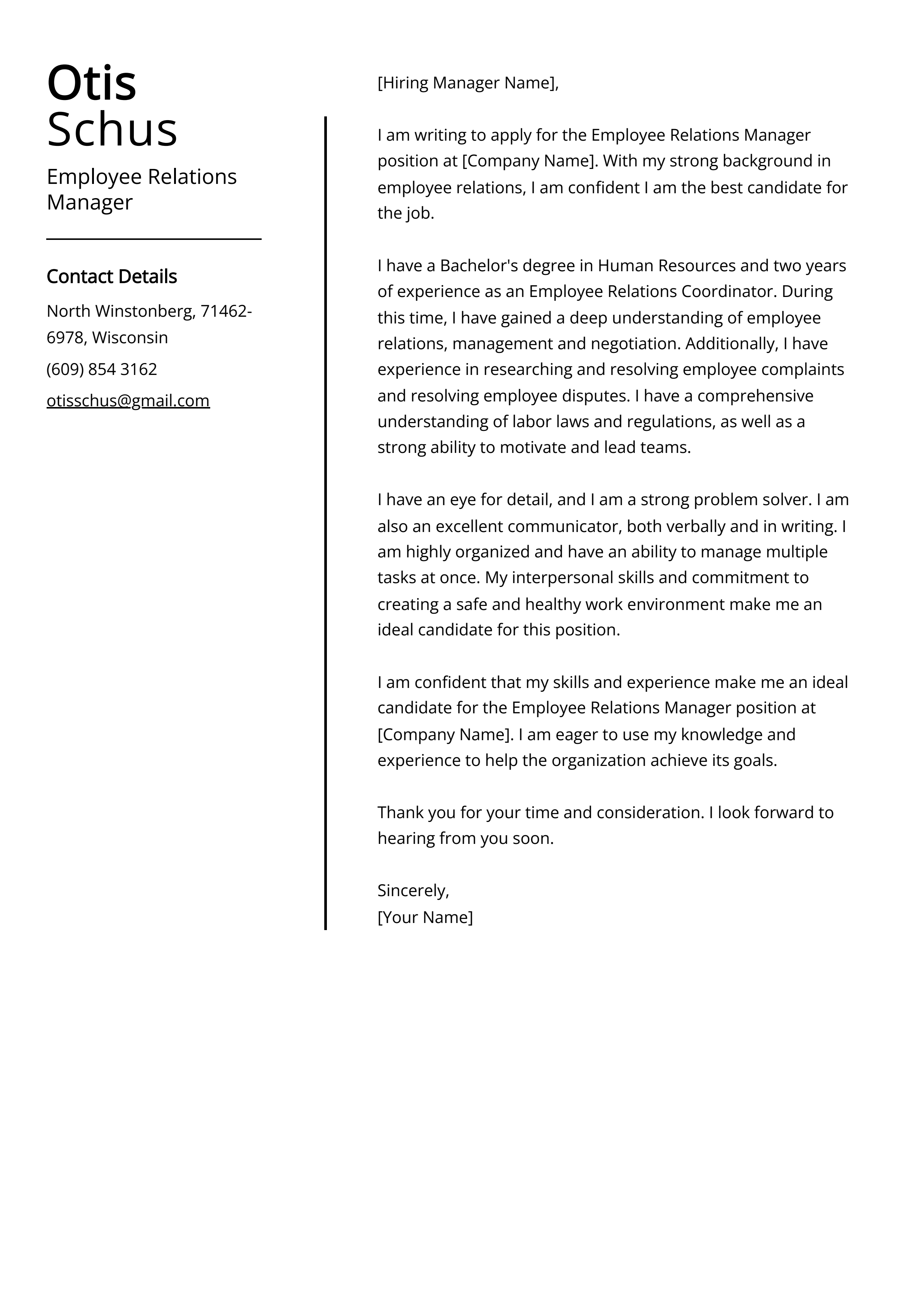 Employee Relations Manager Cover Letter Example
