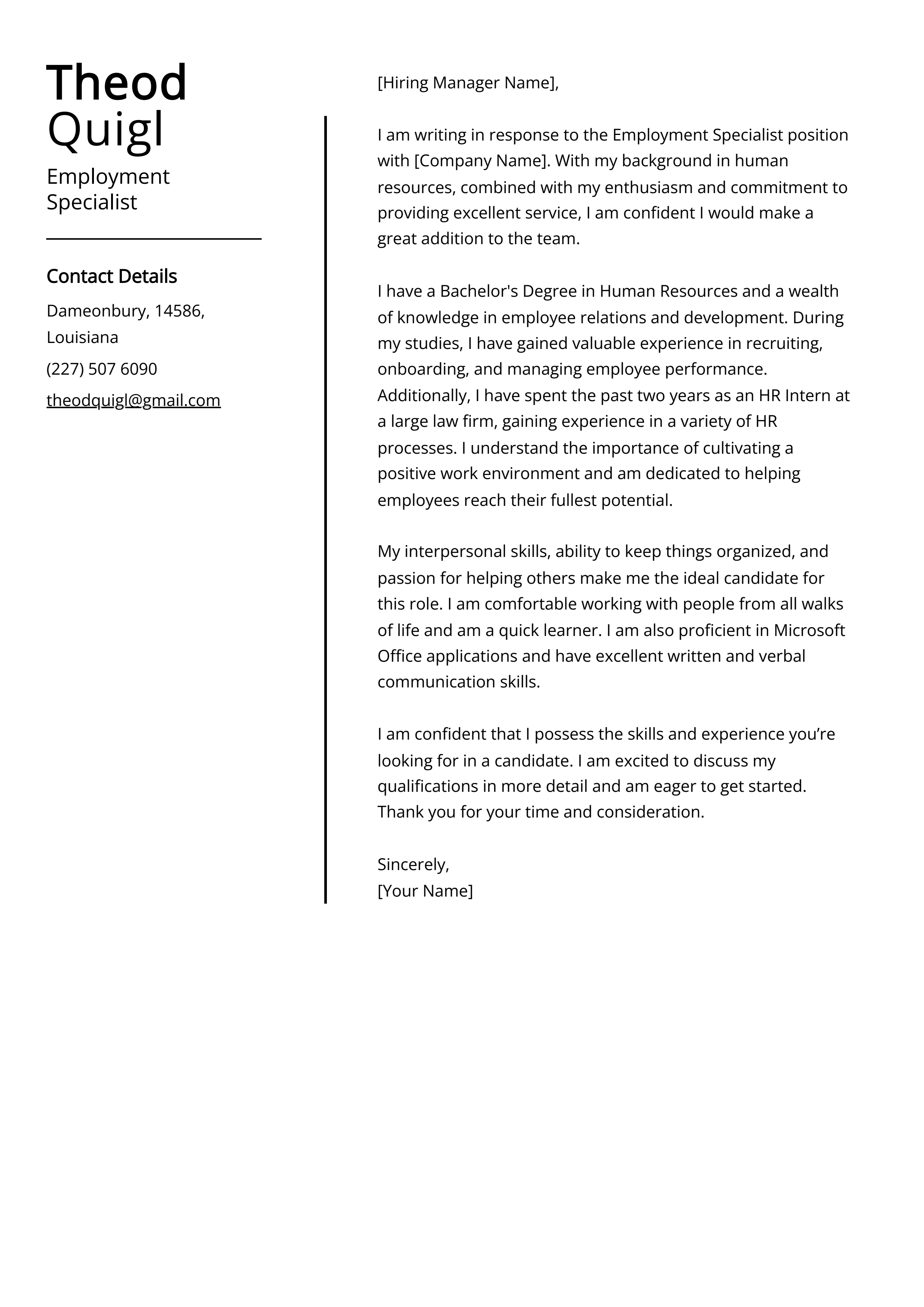 Employment Specialist Cover Letter Example