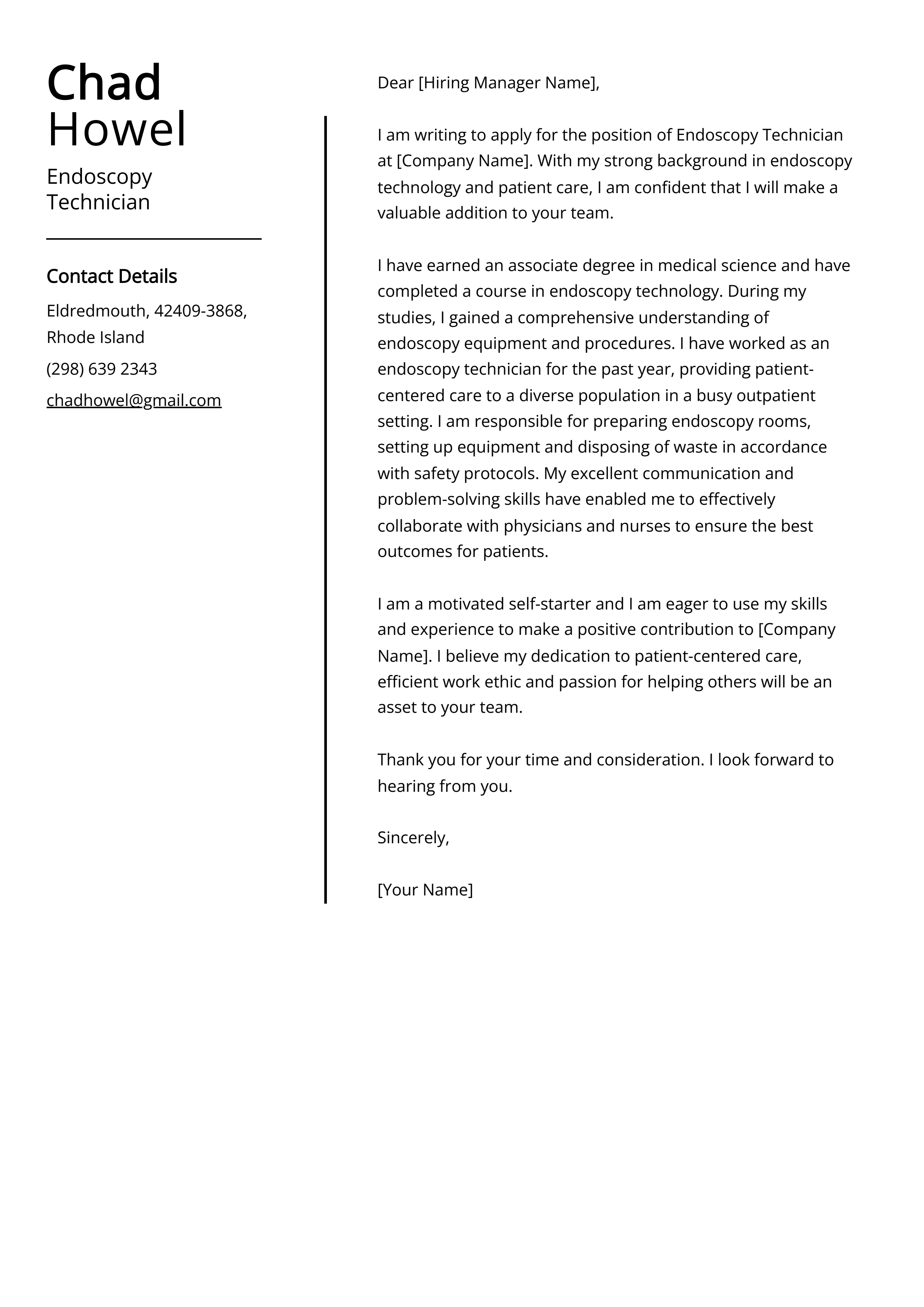 Endoscopy Technician Cover Letter Example