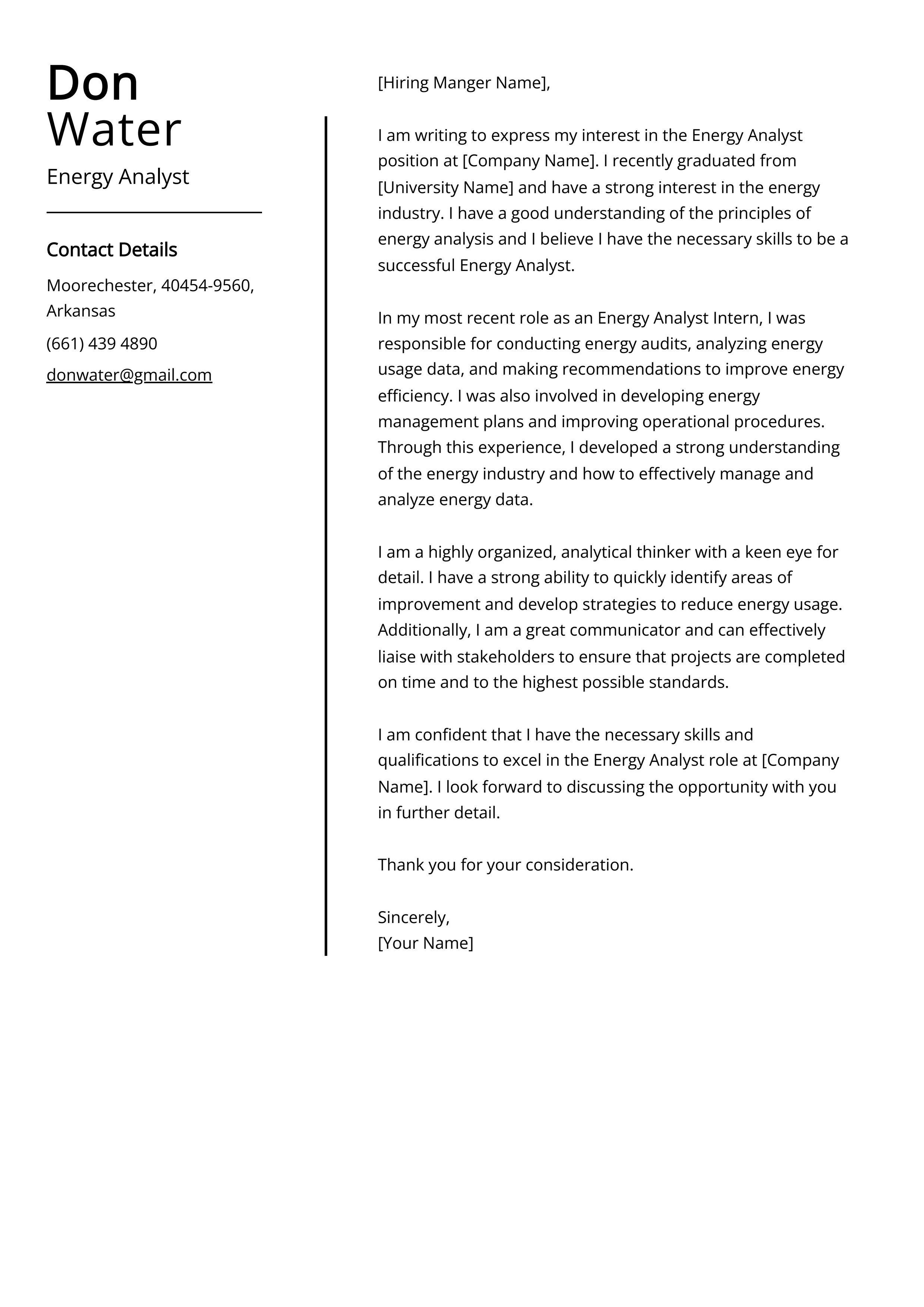 Energy Analyst Cover Letter Example