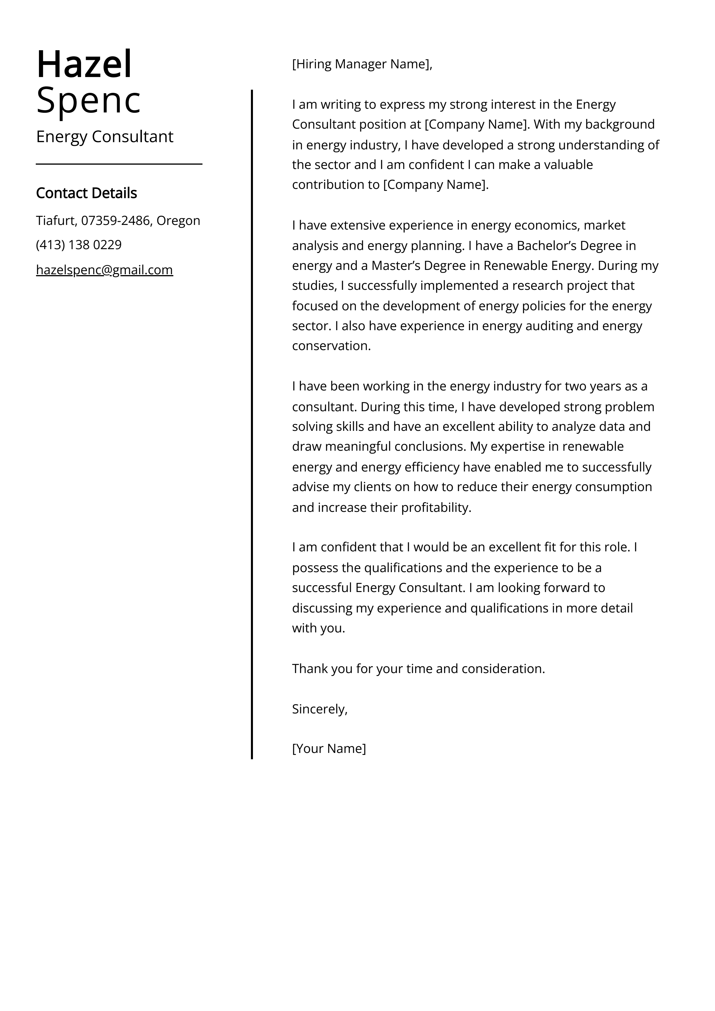 Energy Consultant Cover Letter Example