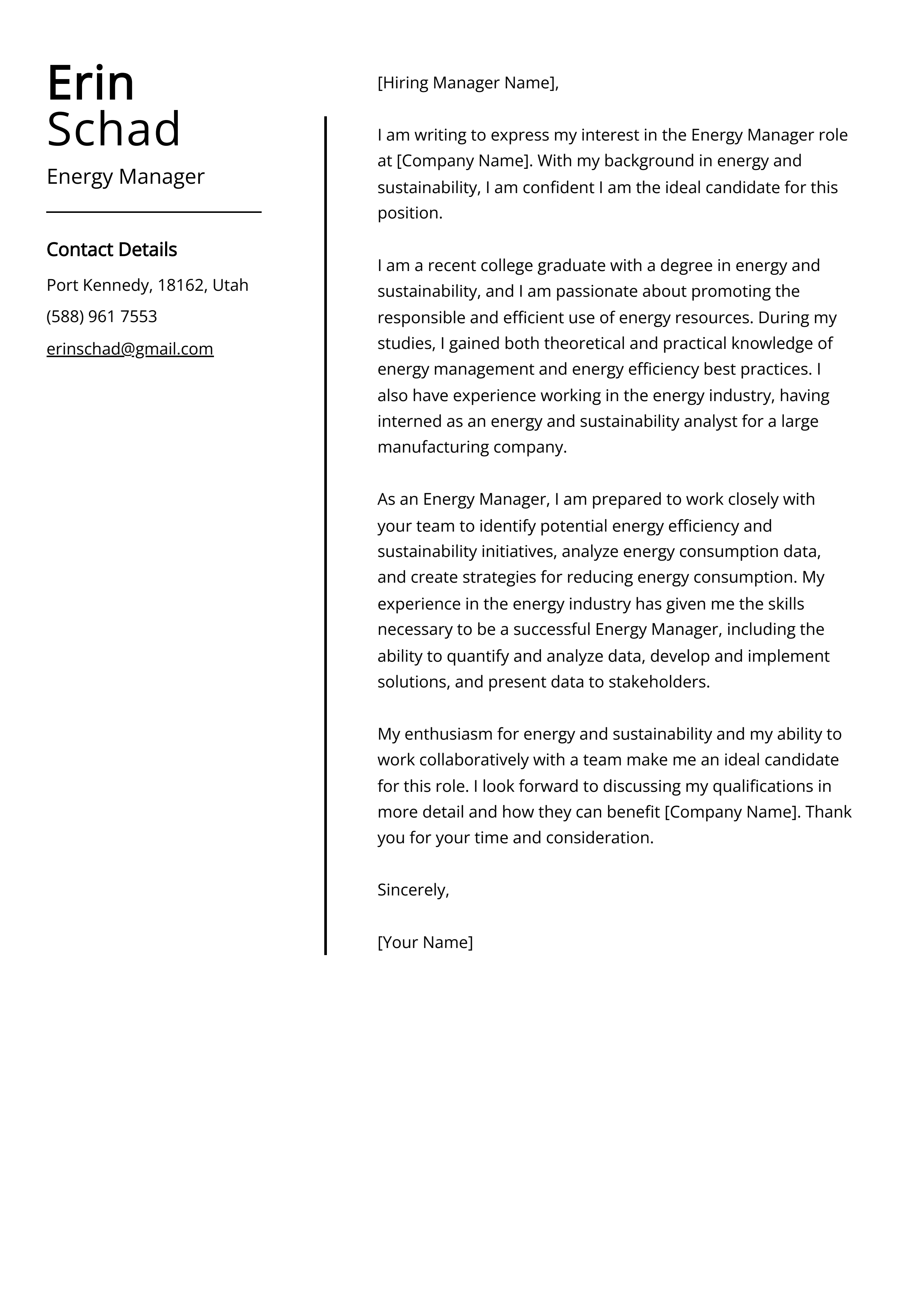 Energy Manager Cover Letter Example