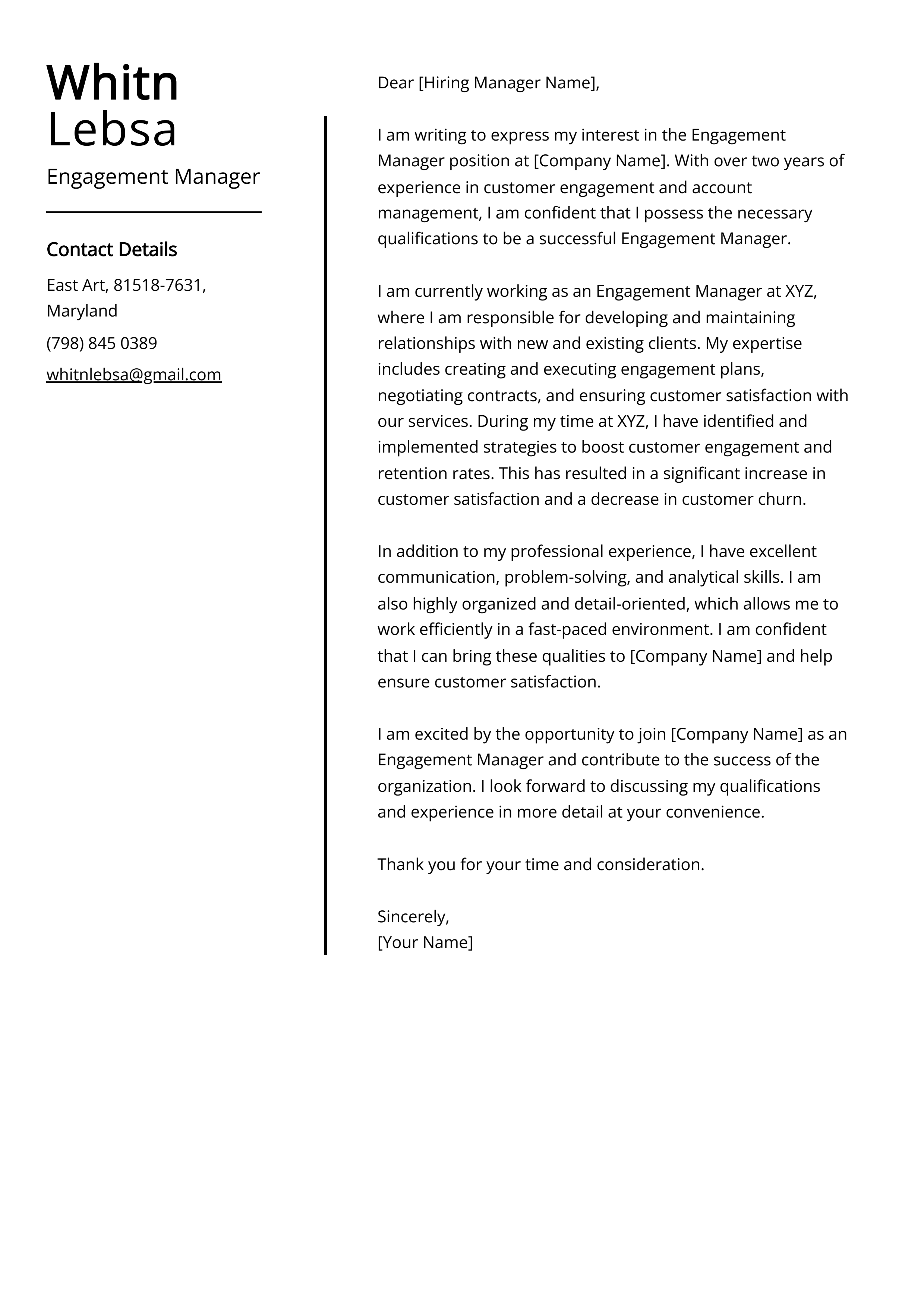 Engagement Manager Cover Letter Example