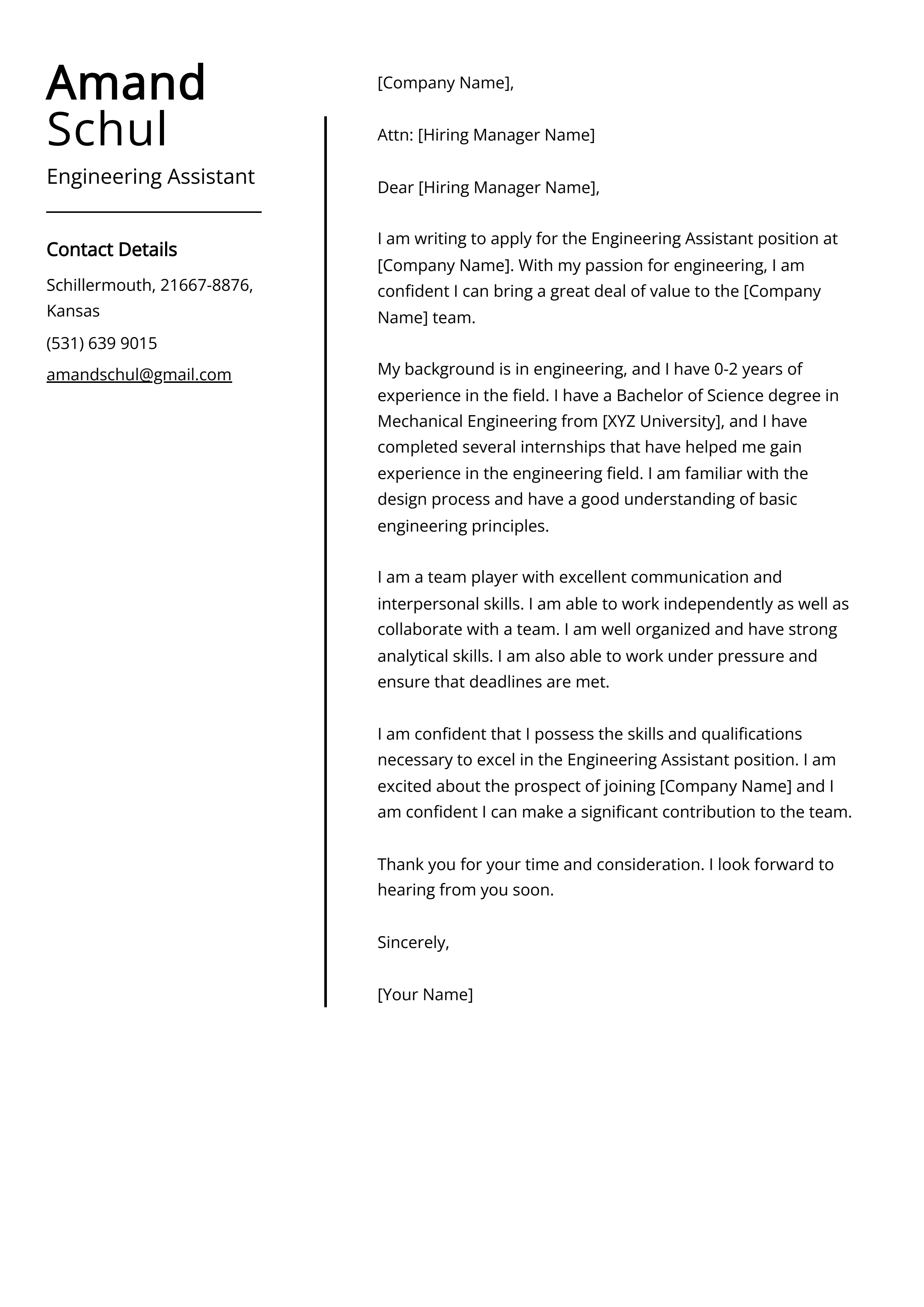 Engineering Assistant Cover Letter Example