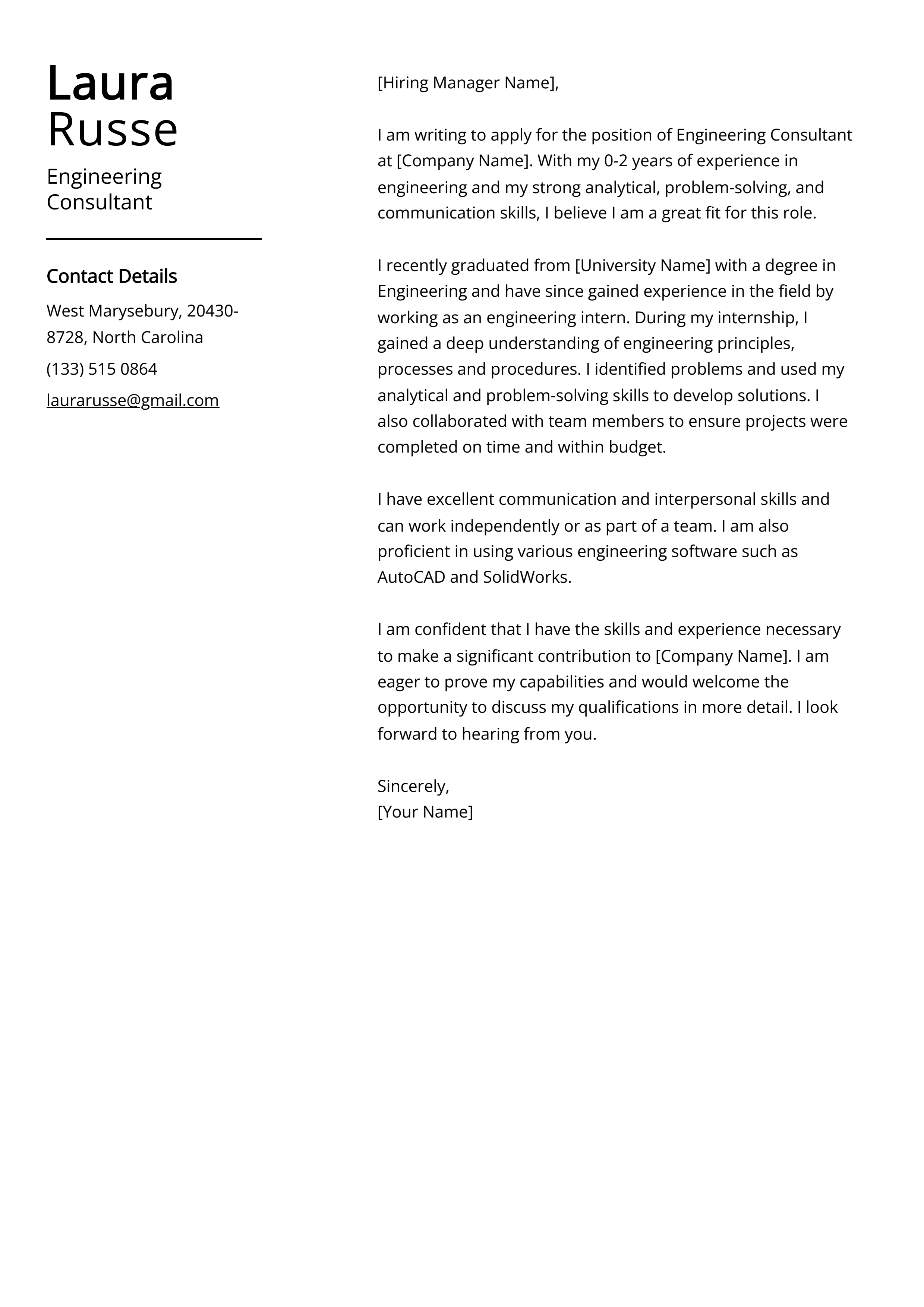 Engineering Consultant Cover Letter Example