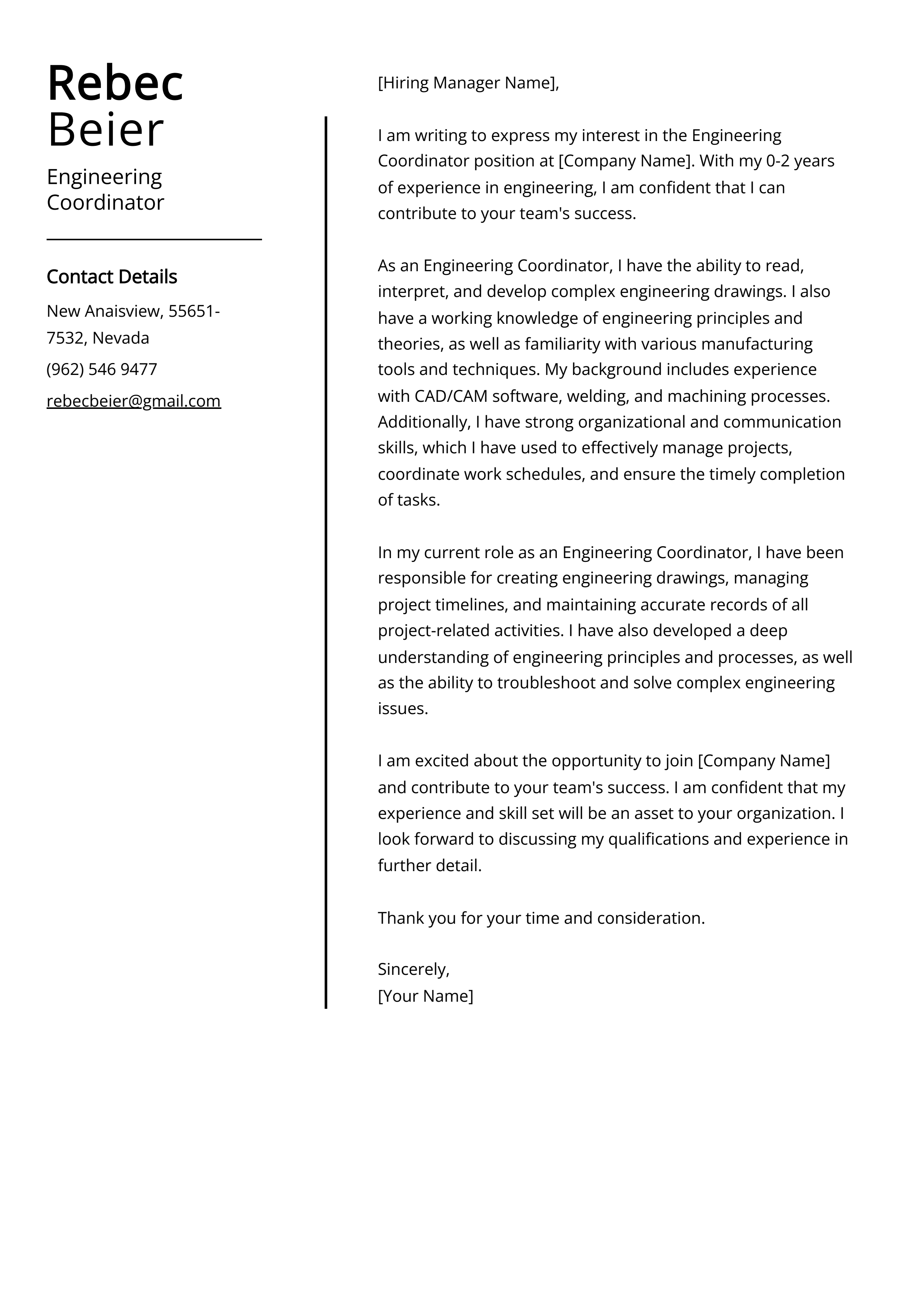 Engineering Coordinator Cover Letter Example