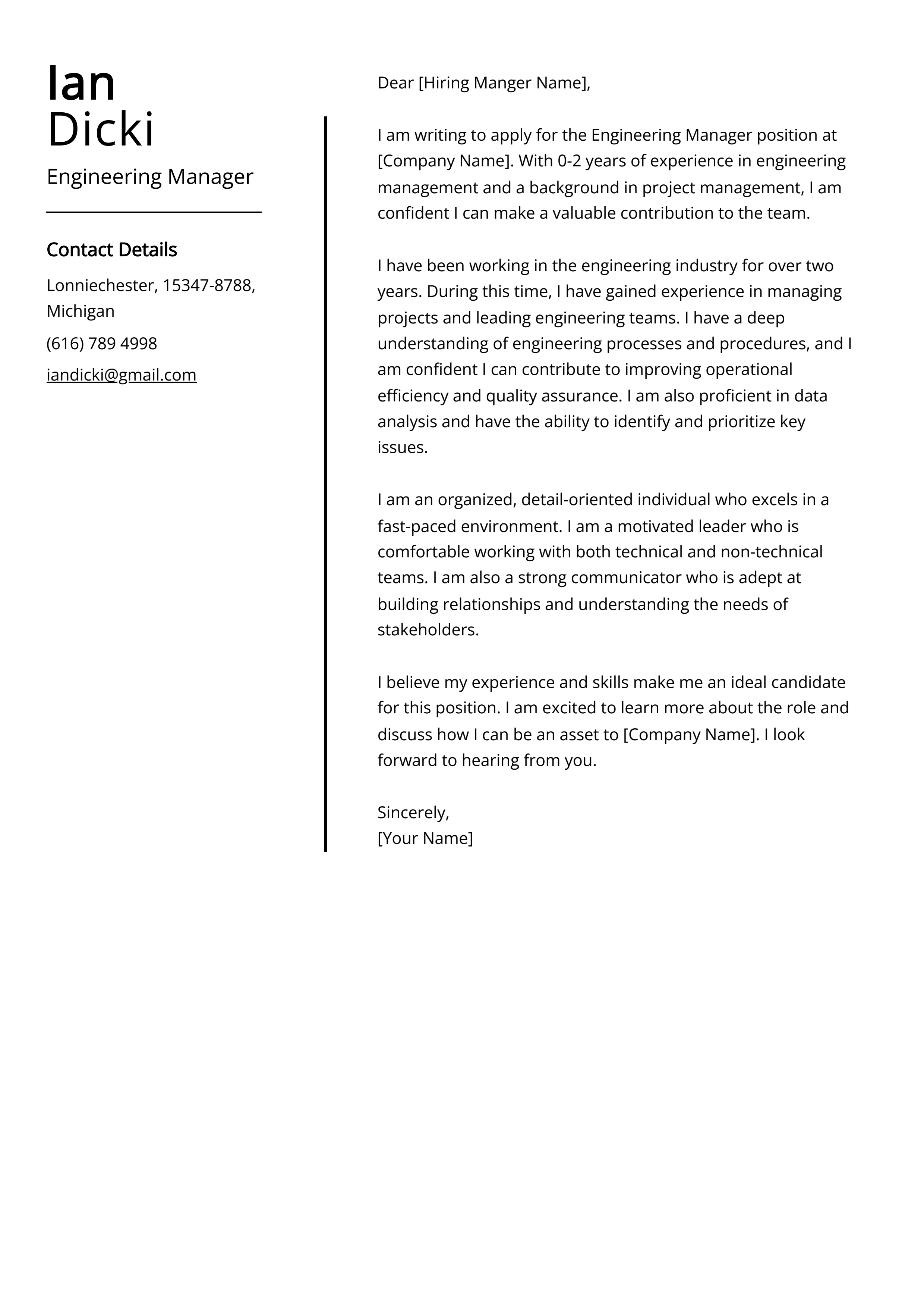 Engineering Manager Cover Letter Example