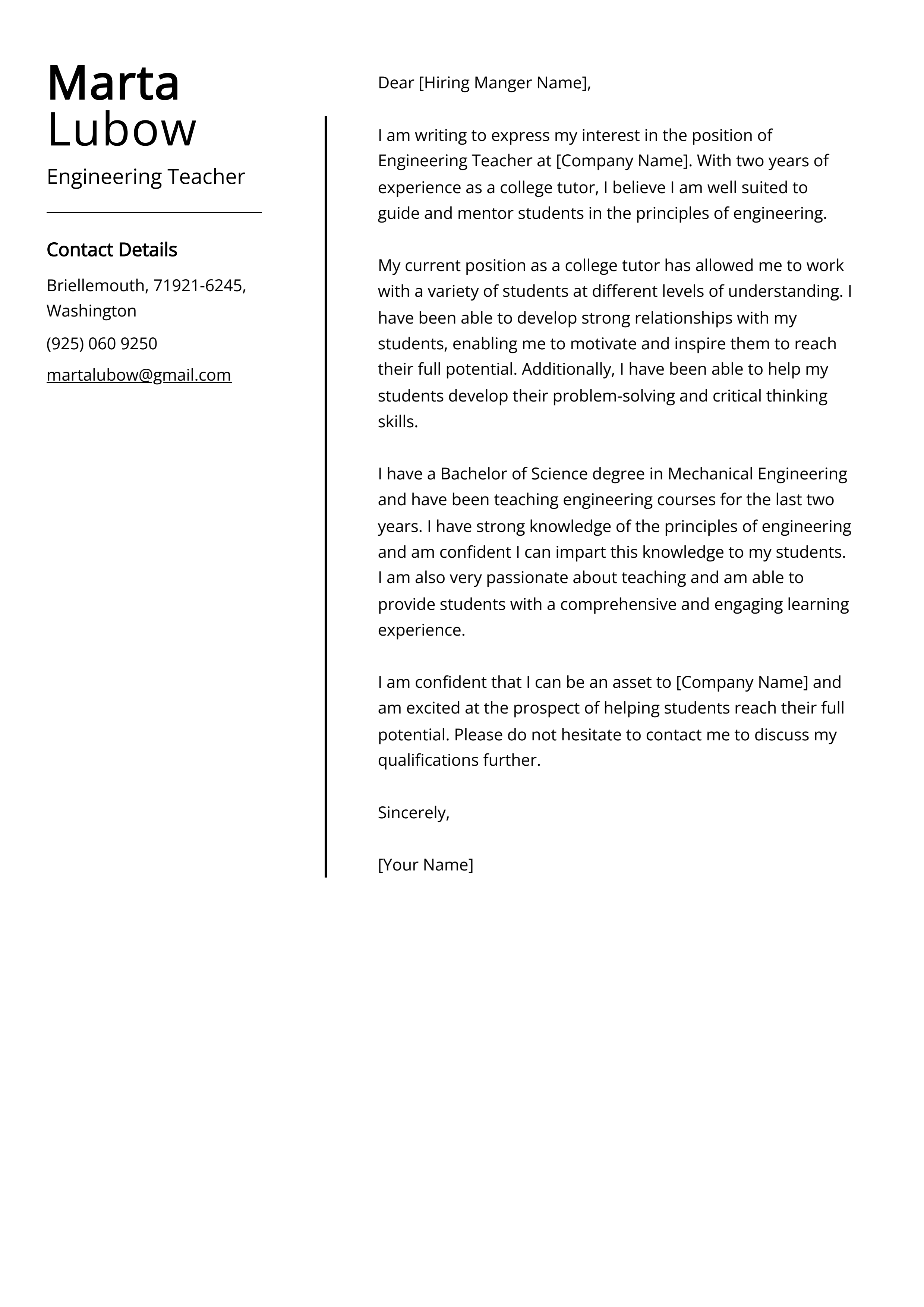 Engineering Teacher Cover Letter Example