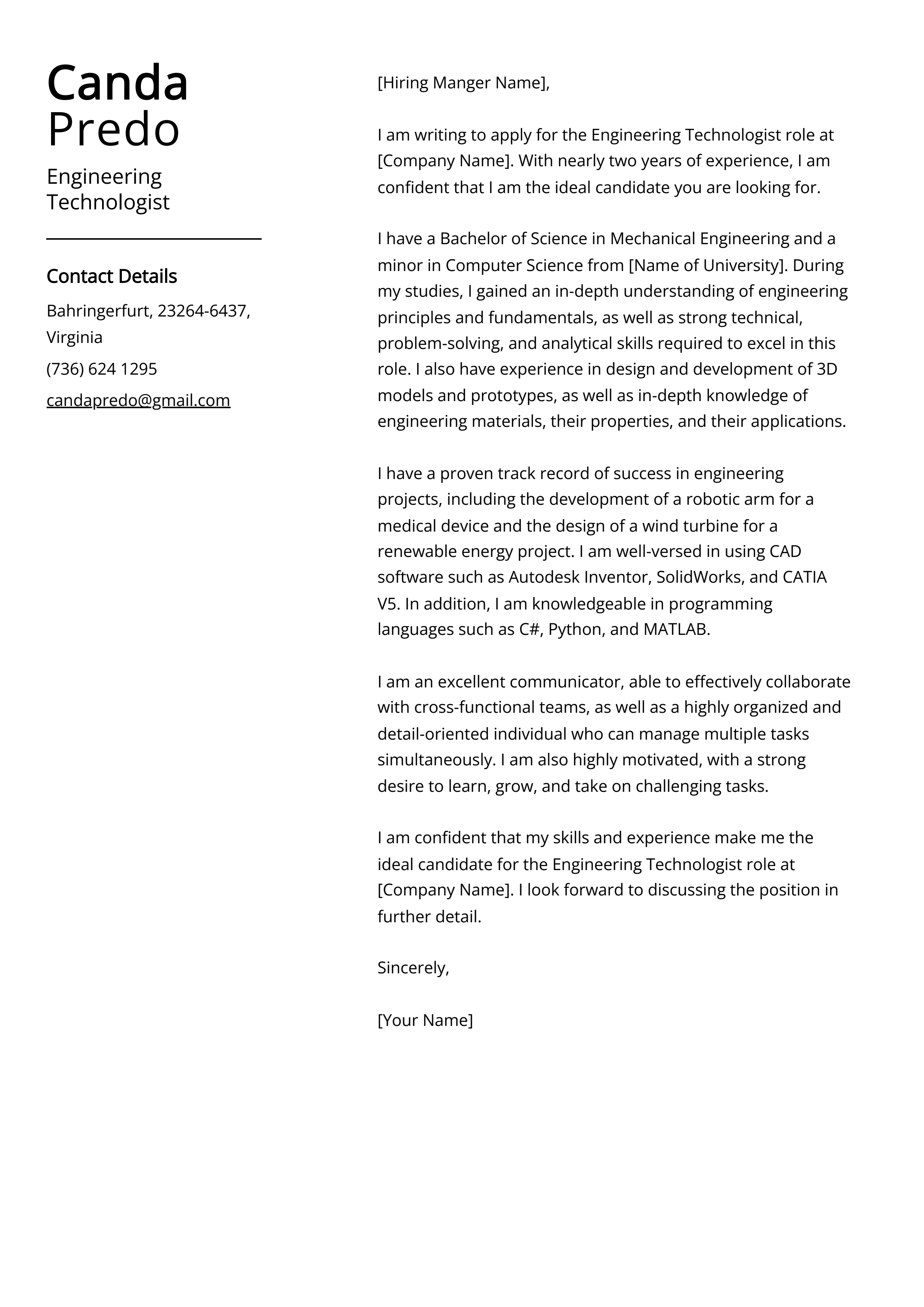 Engineering Technologist Cover Letter Example