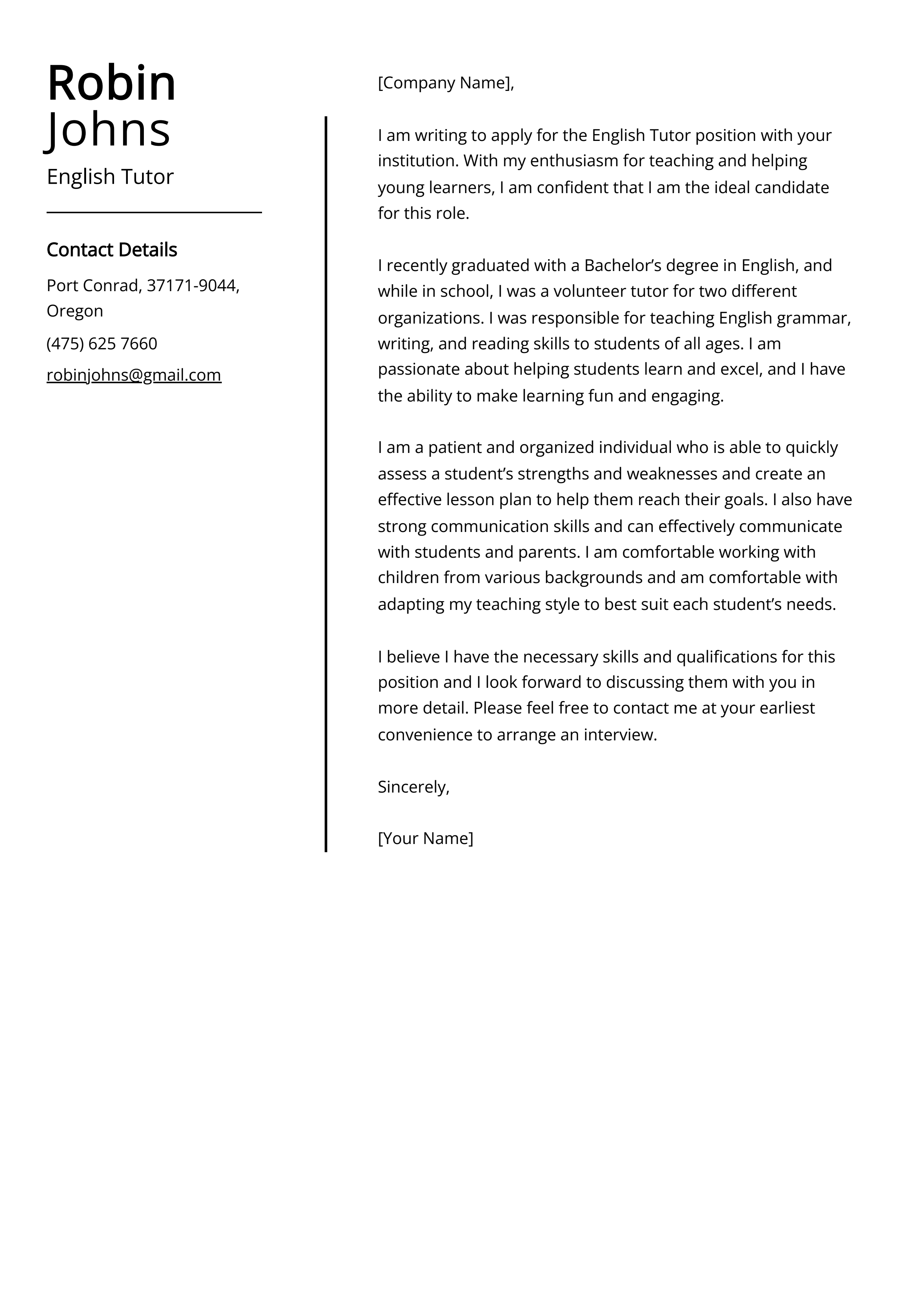 English Tutor Cover Letter Example