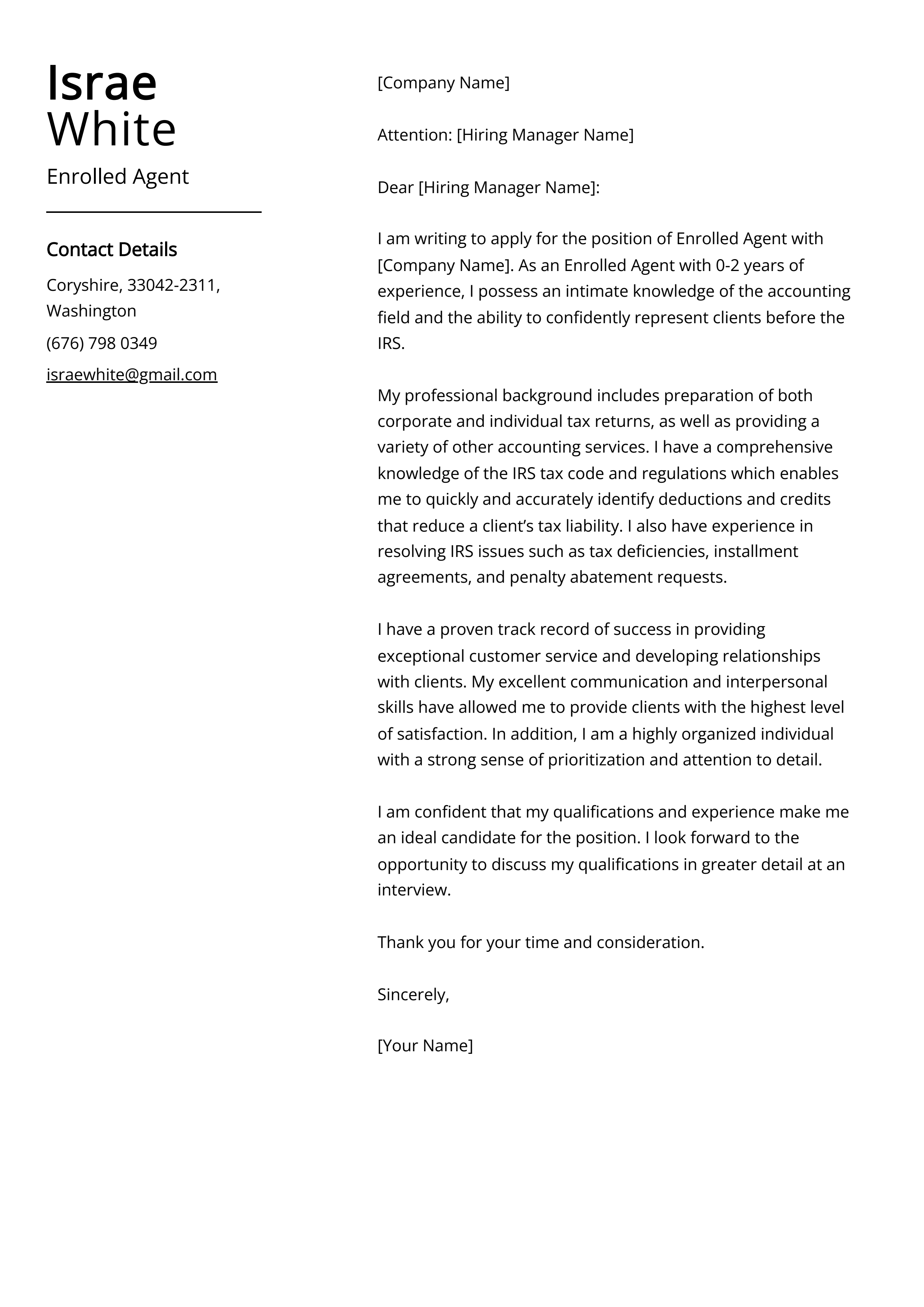 Enrolled Agent Cover Letter Example