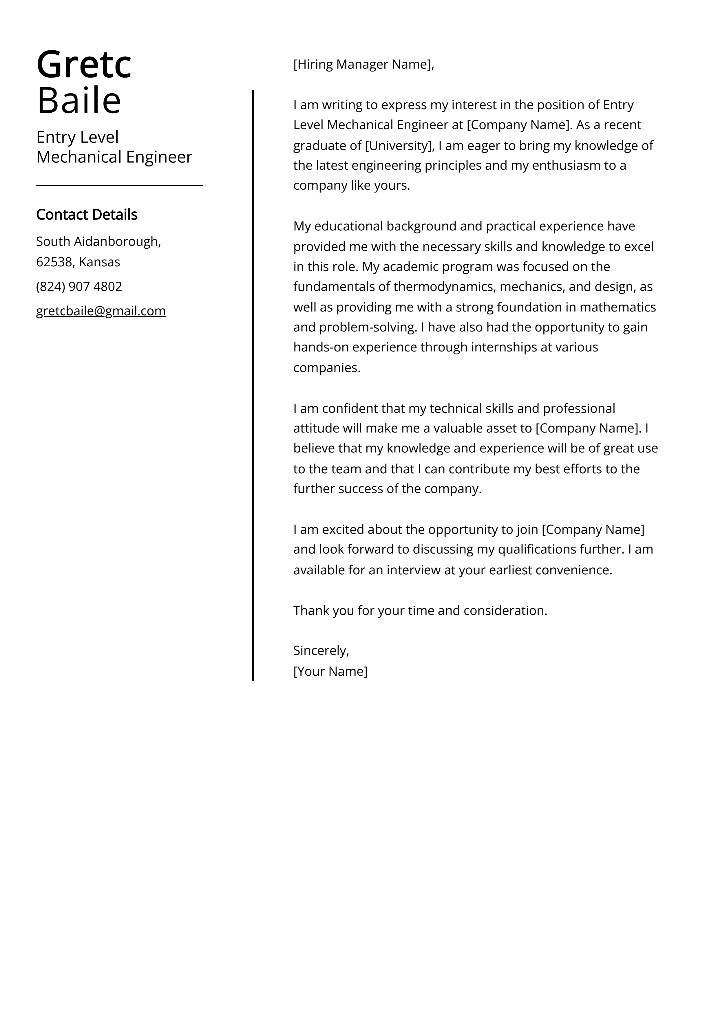 Entry Level Mechanical Engineer Cover Letter Example
