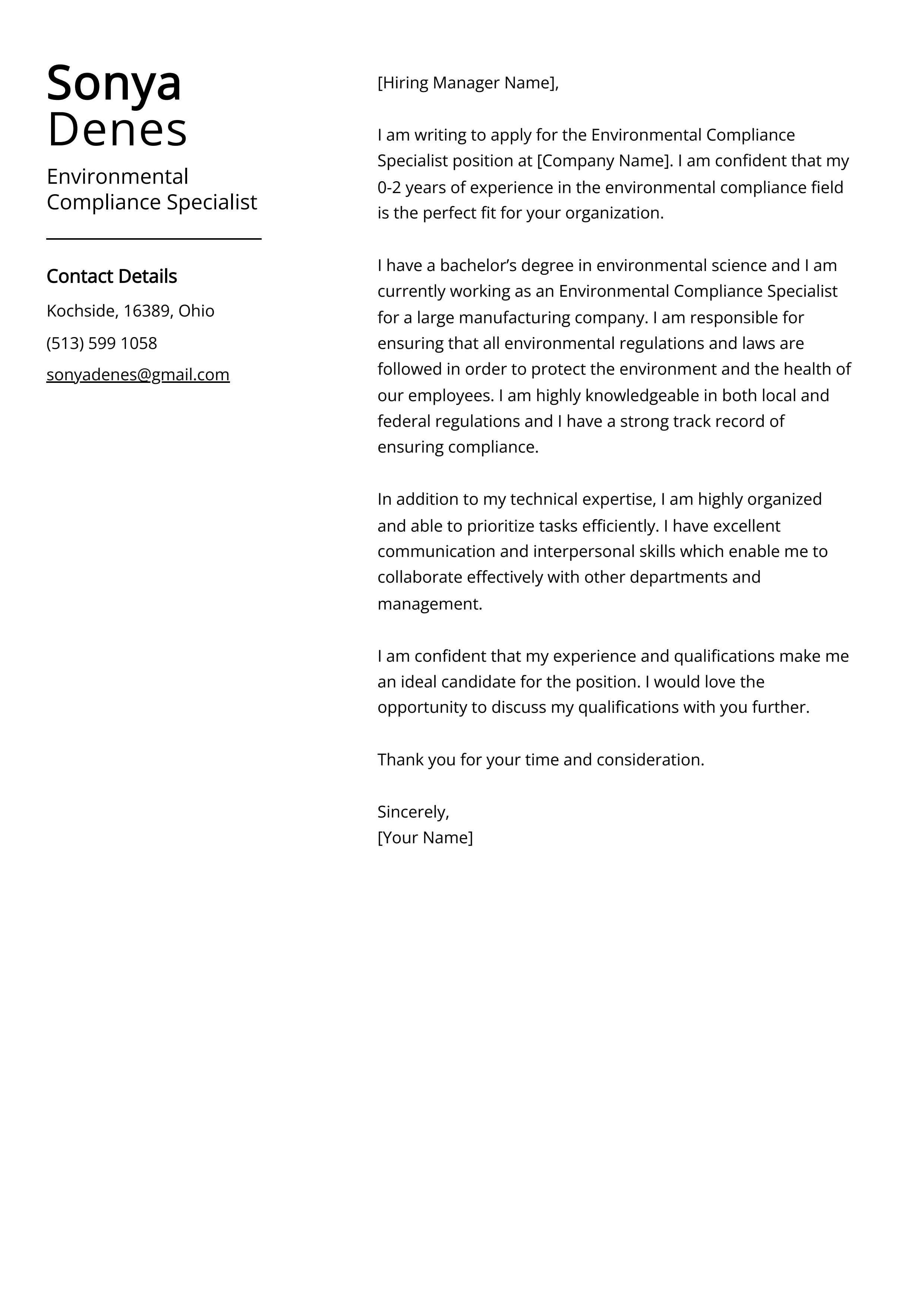 Environmental Compliance Specialist Cover Letter Example