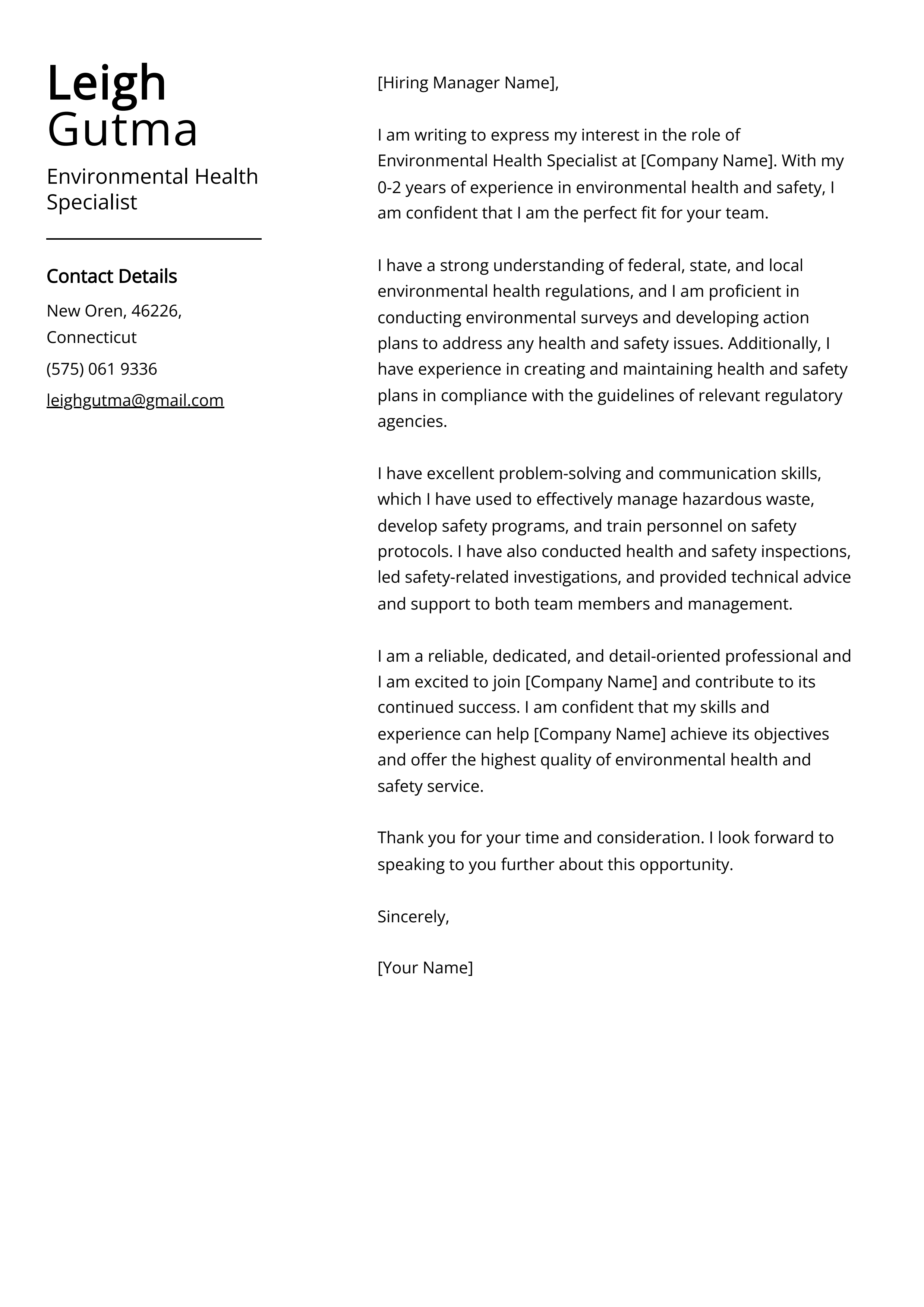 Environmental Health Specialist Cover Letter Example