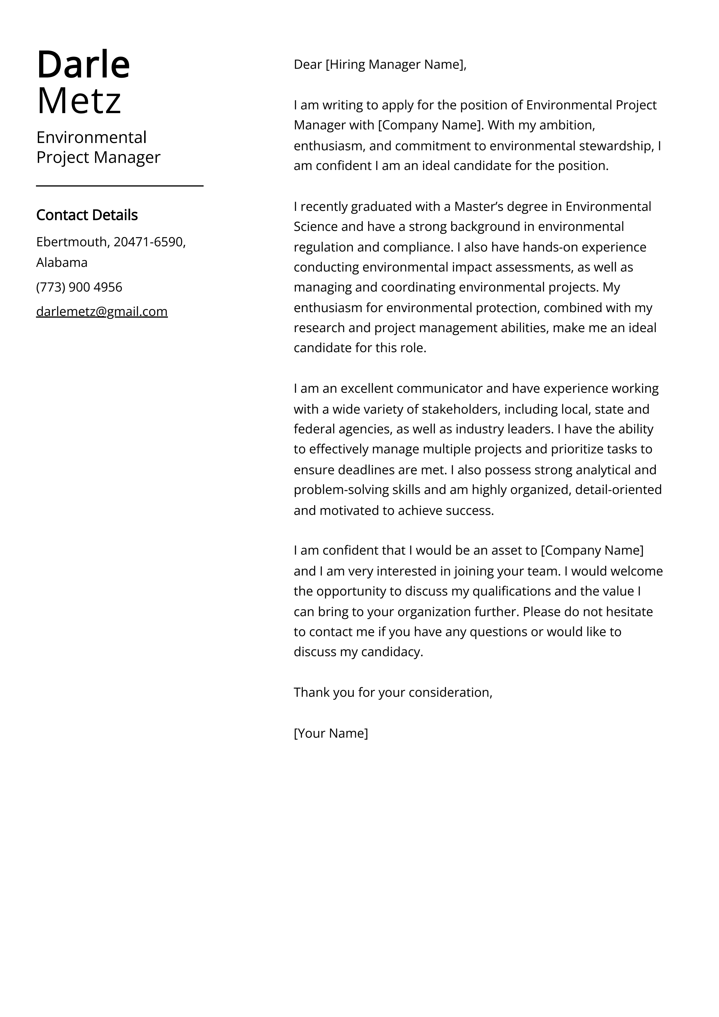 Environmental Project Manager Cover Letter Example