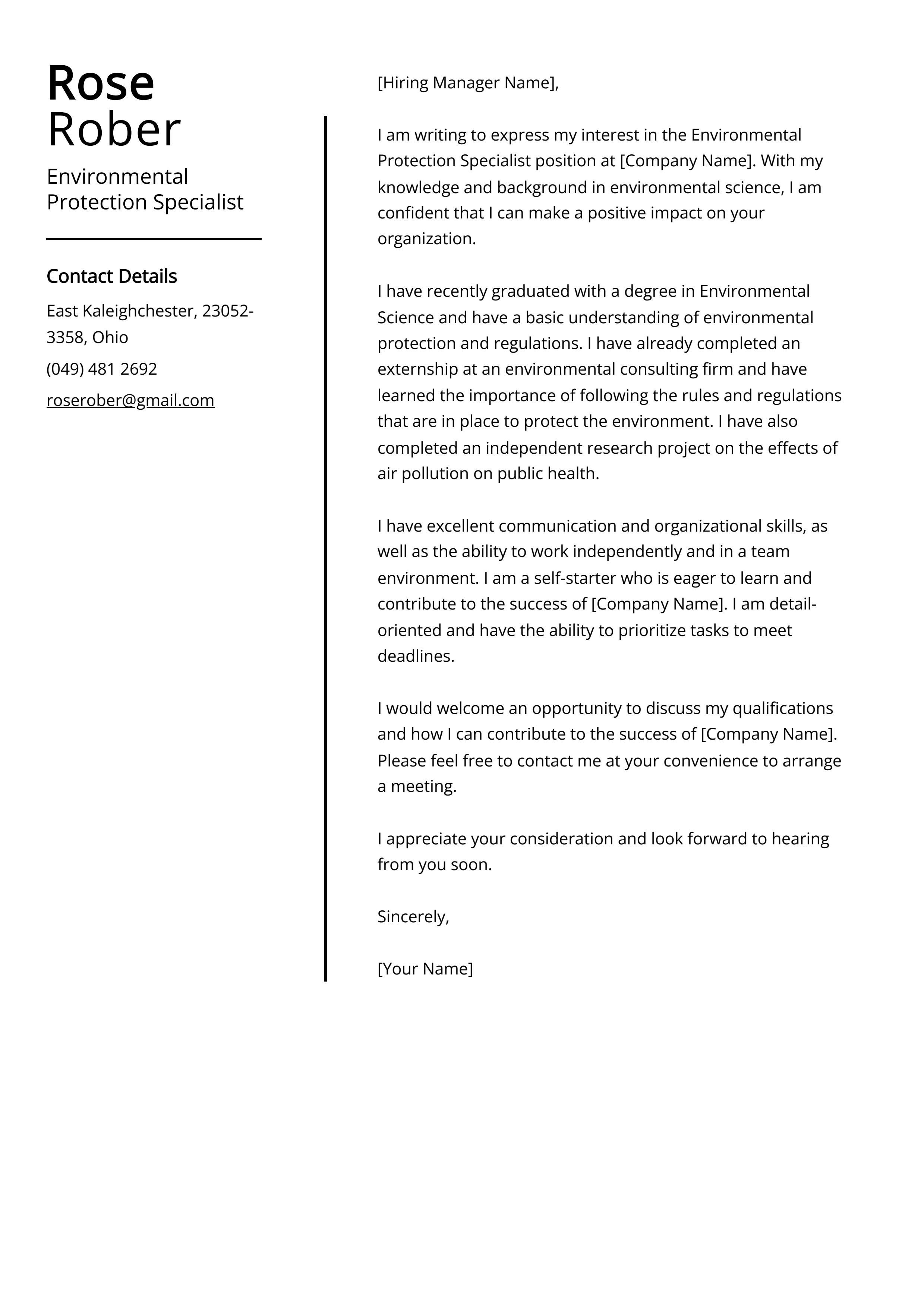 Environmental Protection Specialist Cover Letter Example